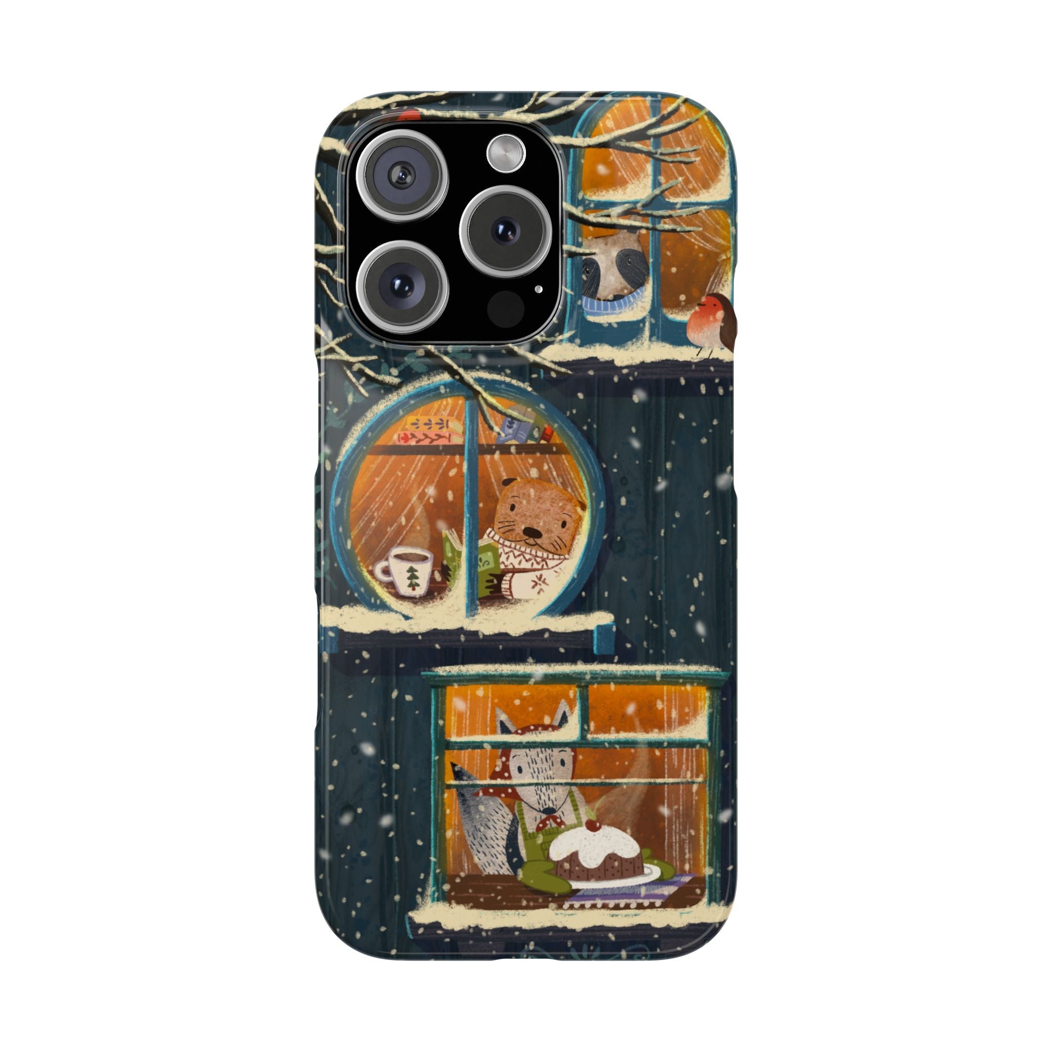 Cute Winter Animals Cozy Home iPhone Case, Woodland Cottage Cover, Treehouse at Night, Raccoon Bear Fox, iPhone 16 15 14 13 12 11 X XR 8 7