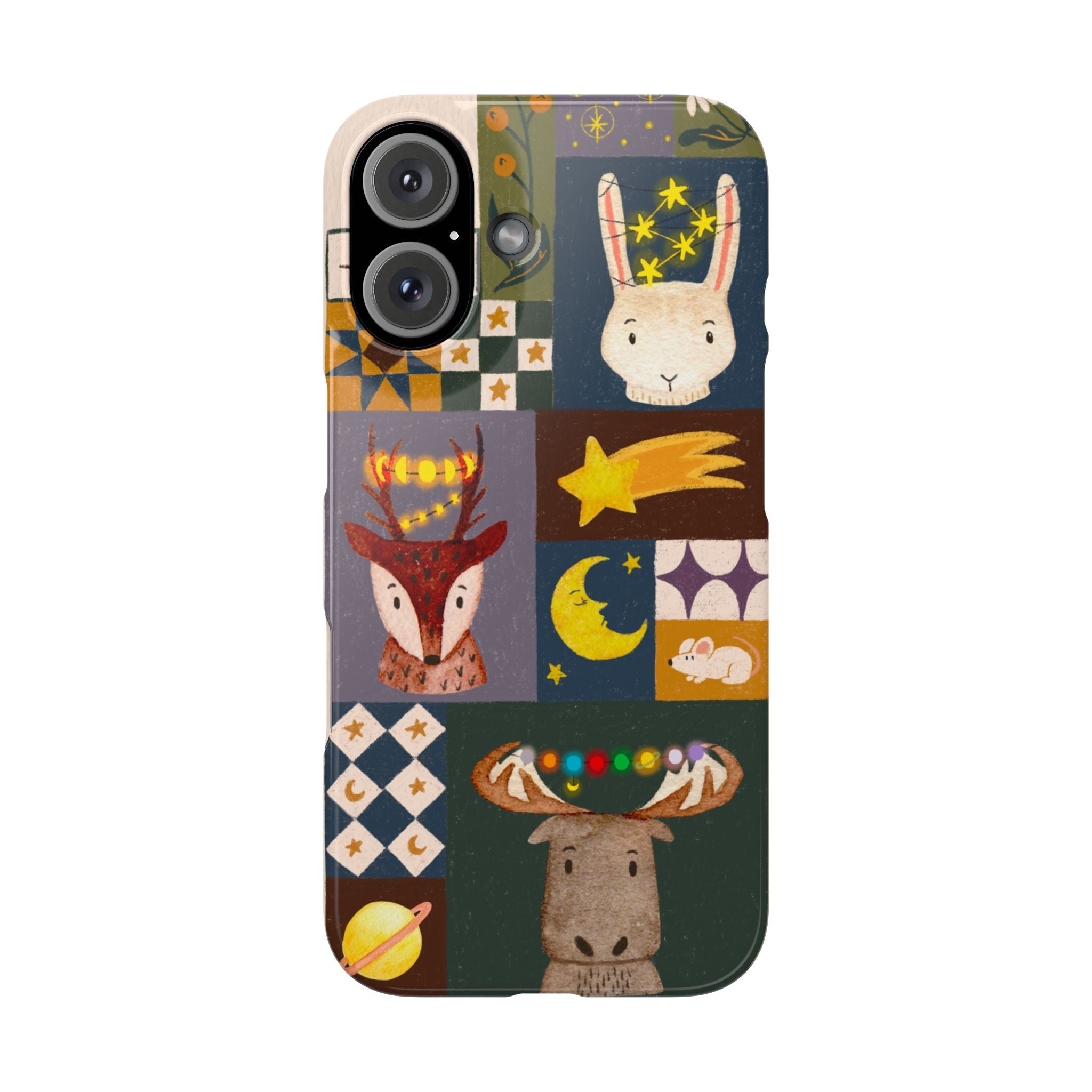 Holiday Night Sky Slim Case, Cute Forest Creatures iPhone Cover, Bunny Deer Moose, iPhone 7 8 X XR XS 11 12 13 14 15 16
