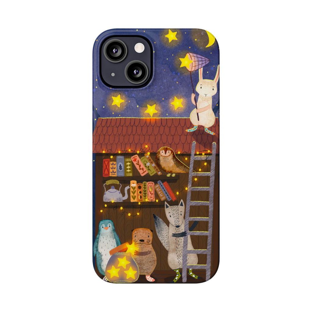 Starlit Library Phone Case, Woodland Animals iPhone Case, Cozy Night Scene Cover, Cute Animals Case Gift, iPhone 7 8 X XR 11 12 13 14 15 16
