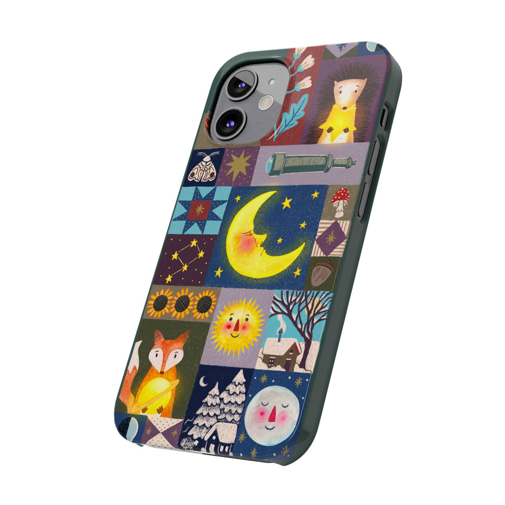 Celestial Quilt iPhone Case, Folk Art Moon Sun Fox Case, Nature Patchwork Cover, Cute Stellar Design, iPhone 7 8 X XR XS 11 12 13 14 15 16