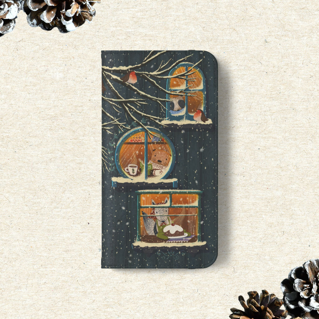 Cozy Winter Cottage Wallet Case, Cute Animals Flip Cover, Vegan Leather, Cozy Vibes, Gift Idea for iPhone 11 12 13 14 15 16, Galaxy S21 S22