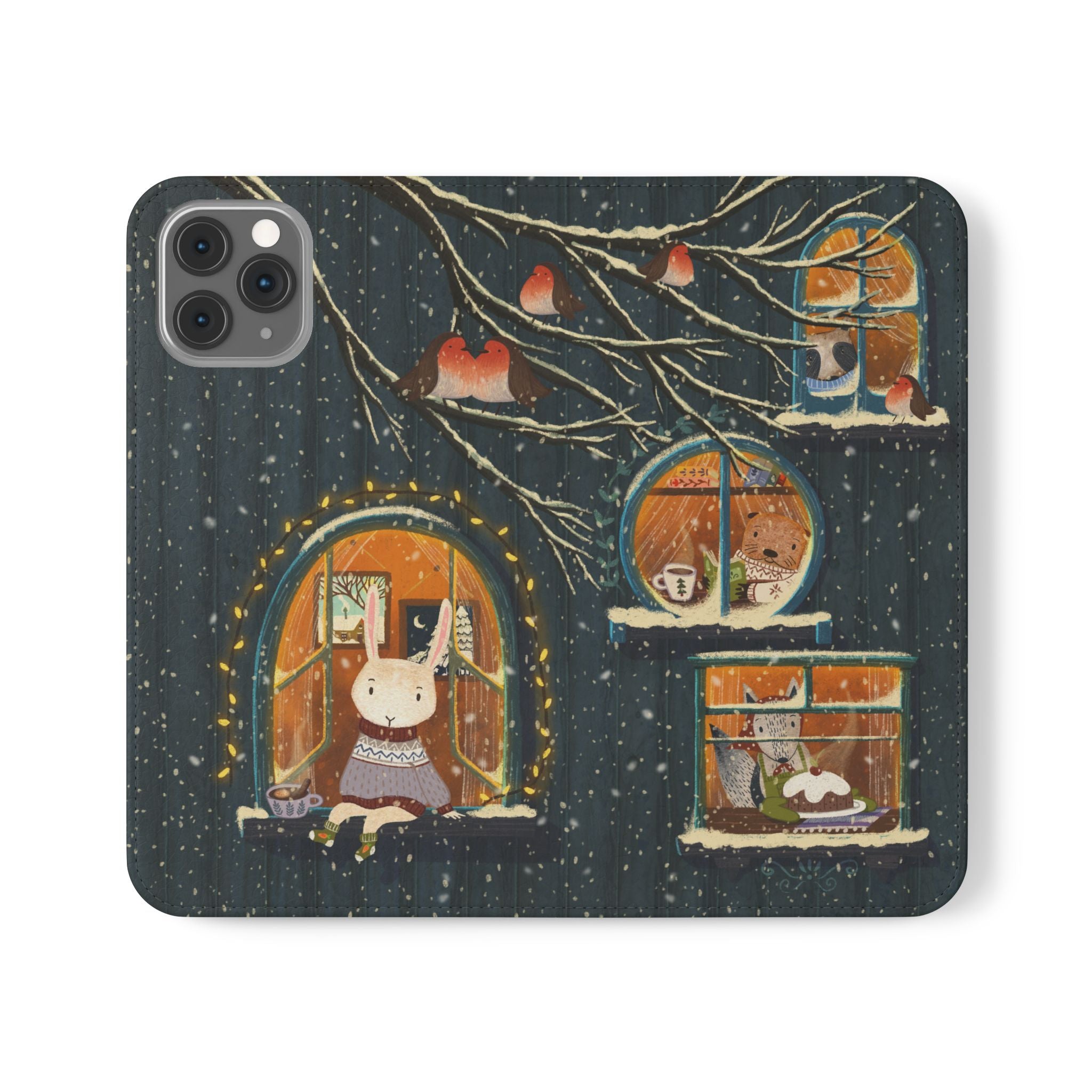 Cozy Winter Cottage Wallet Case, Cute Animals Flip Cover, Vegan Leather, Cozy Vibes, Gift Idea for iPhone 11 12 13 14 15 16, Galaxy S21 S22
