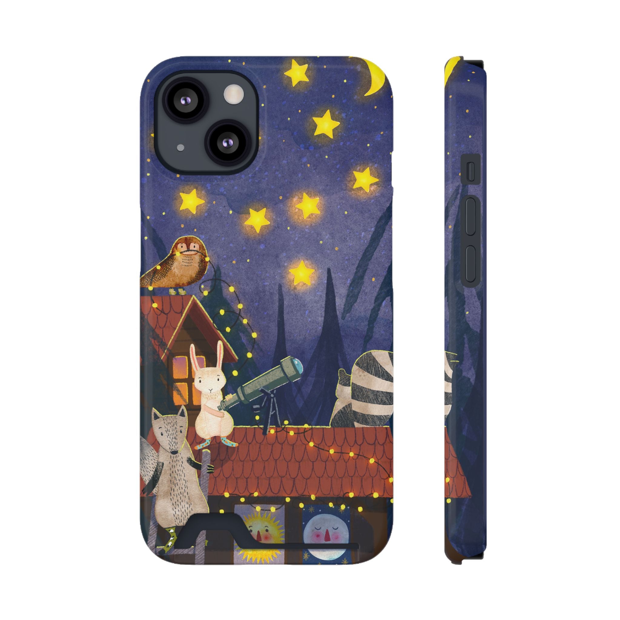 Stargazing Animals Phone Case With Card Holder - Cute Animal Design for Kids, Gift for Urban Explorers, Night Sky Vibes, Fun Accessory