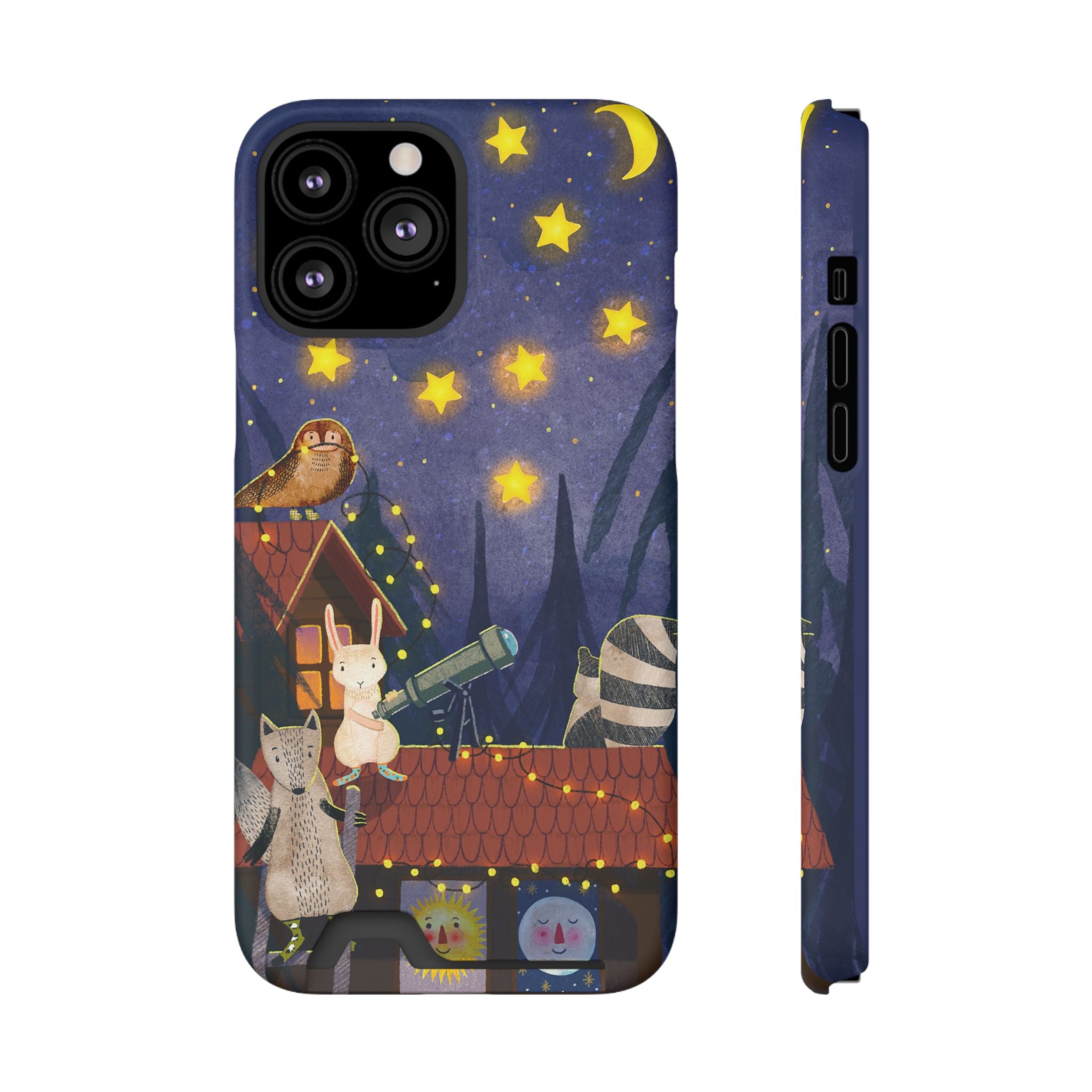 Stargazing Animals Phone Case With Card Holder - Cute Animal Design for Kids, Gift for Urban Explorers, Night Sky Vibes, Fun Accessory
