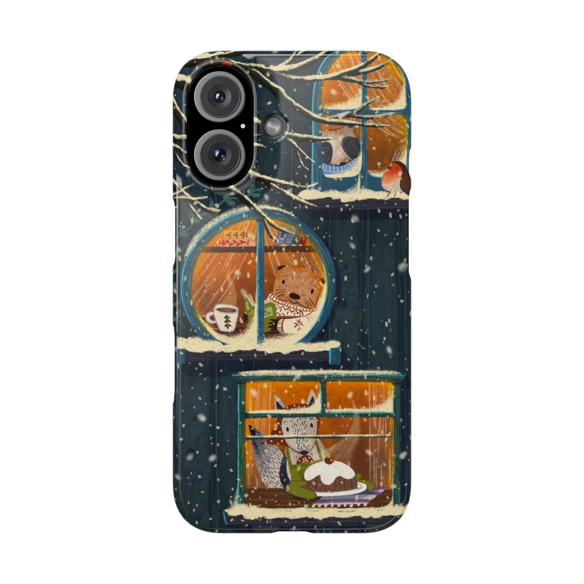 Cute Winter Animals Cozy Home iPhone Case, Woodland Cottage Cover, Treehouse at Night, Raccoon Bear Fox, iPhone 16 15 14 13 12 11 X XR 8 7
