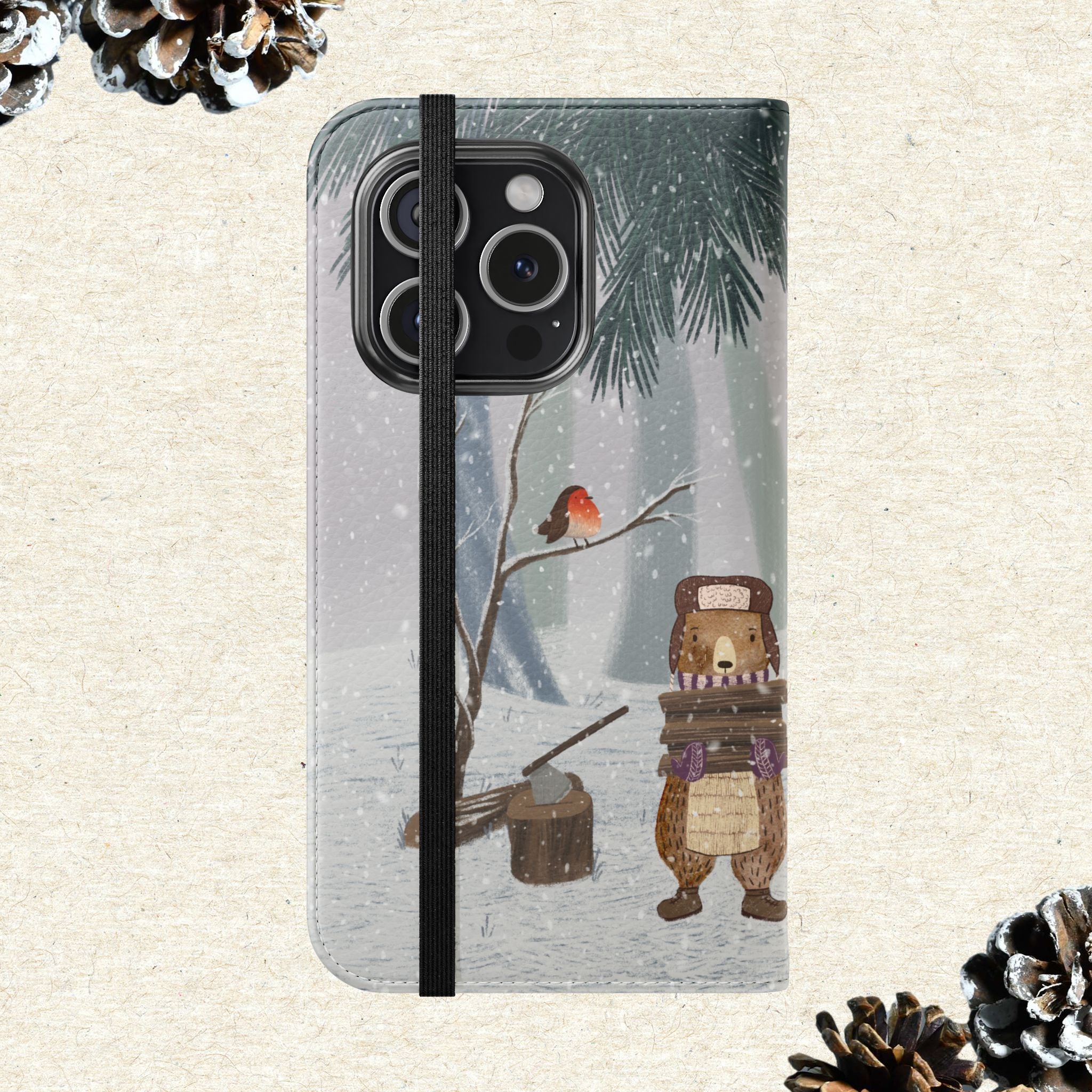 Winter Forest Friends Wallet Case, Woodland Flip Cover, Vegan Leather, Snowy Scene, Cozy Holiday, iPhone 11 12 13 14 15 16, Galaxy S21 S22