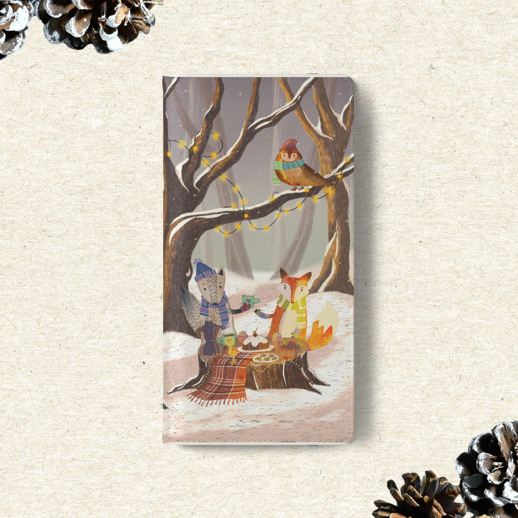 Winter Forest Tea Party Wallet Case, Woodland Animals Phone Flip Cover, Vegan Leather Case, iPhone 11 12 13 14 15 16, Galaxy Ultra S21 S22