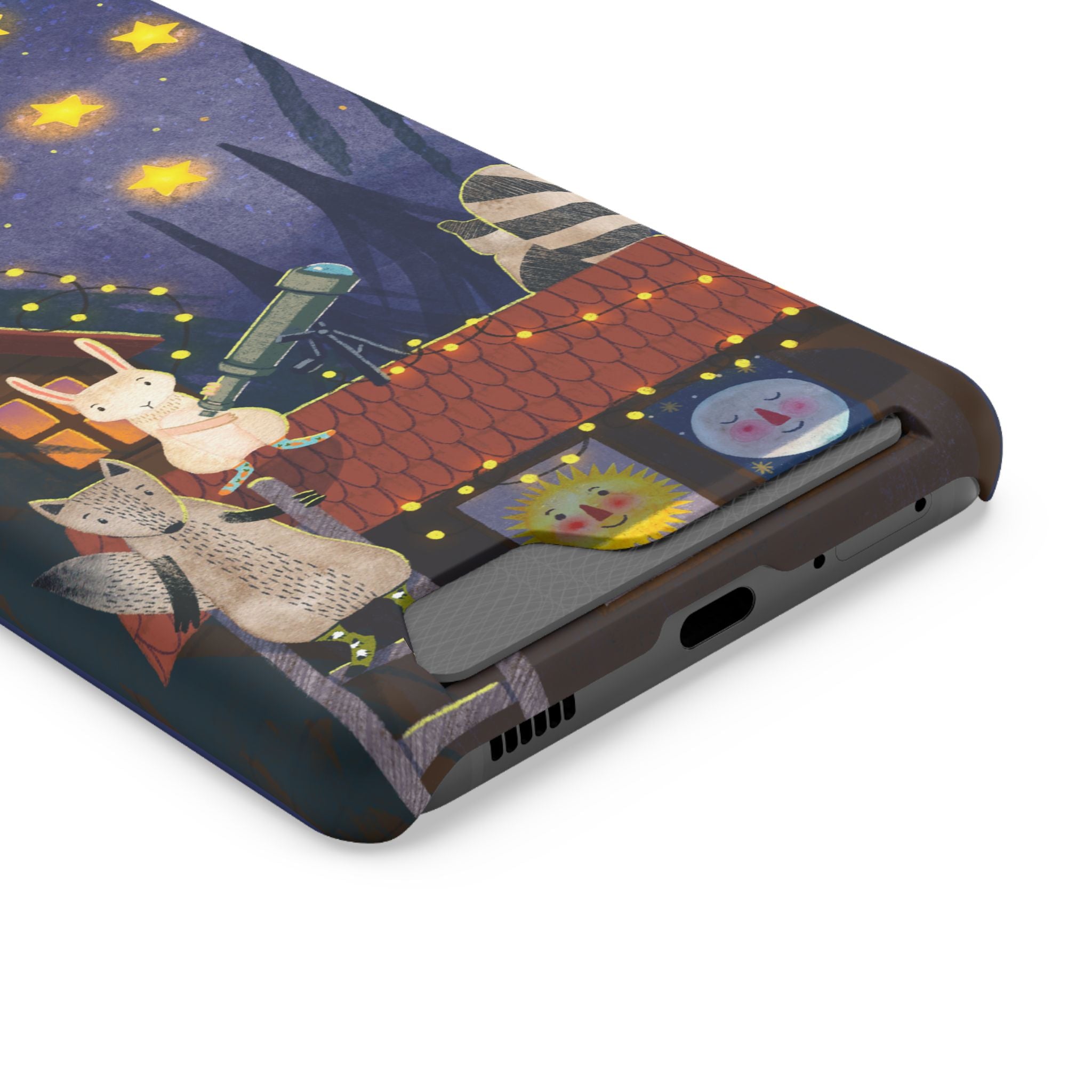 Stargazing Animals Phone Case With Card Holder - Cute Animal Design for Kids, Gift for Urban Explorers, Night Sky Vibes, Fun Accessory