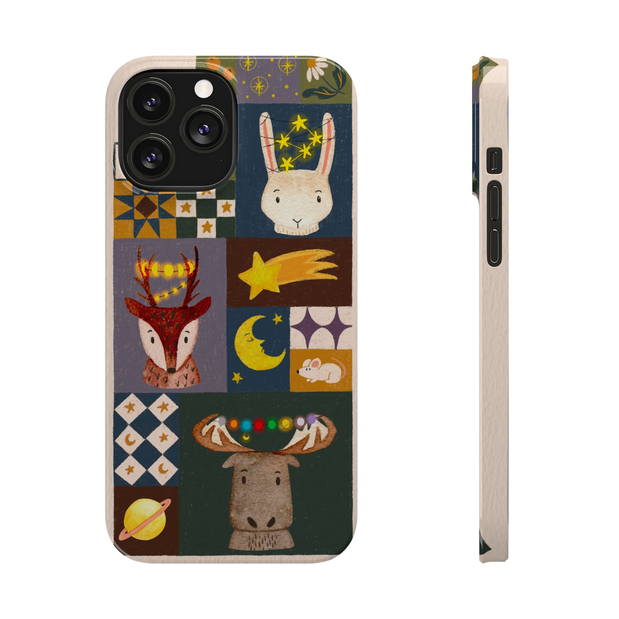 Holiday Night Sky Slim Case, Cute Forest Creatures iPhone Cover, Bunny Deer Moose, iPhone 7 8 X XR XS 11 12 13 14 15 16