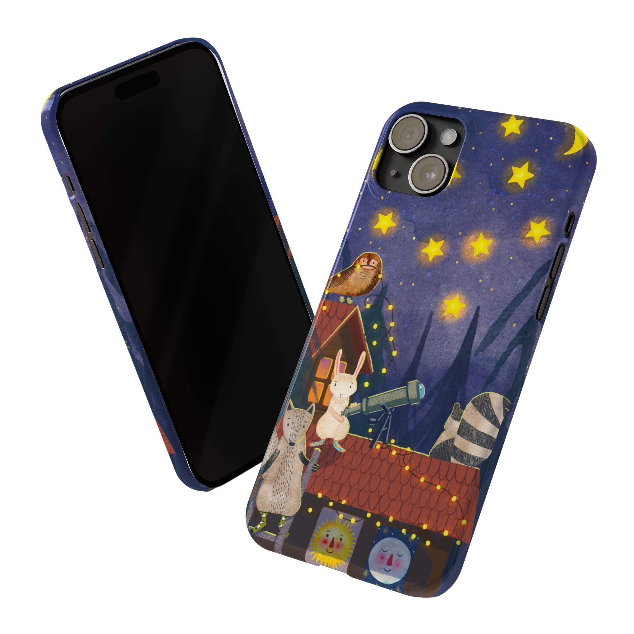 Stargazing Animals Slim iPhone Case, Night Sky Observatory Cover, Cute Forest Gift, Starry Night Gift, iPhone 16 15 14 13 12 11 X XR XS 8 7