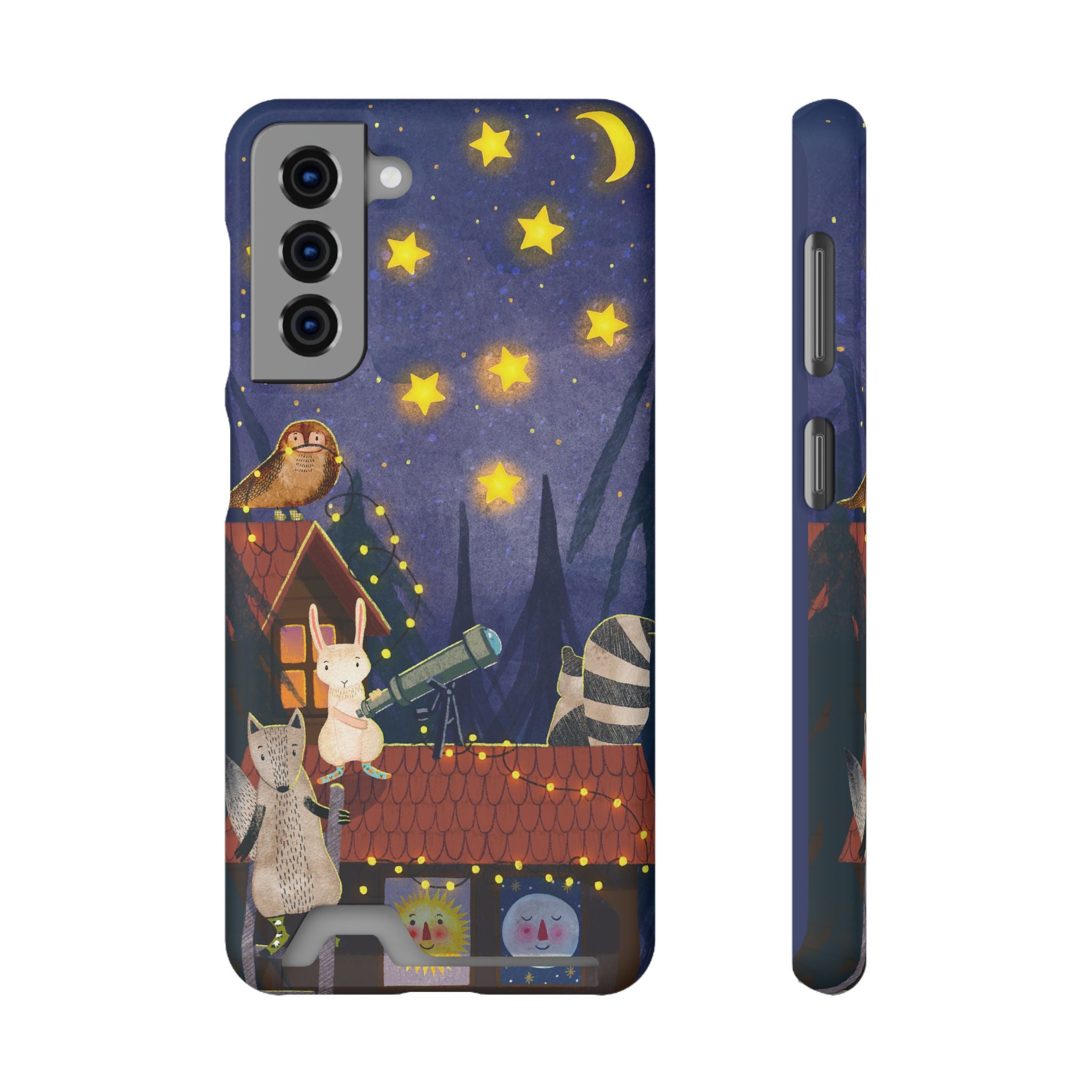 Stargazing Animals Phone Case With Card Holder - Cute Animal Design for Kids, Gift for Urban Explorers, Night Sky Vibes, Fun Accessory