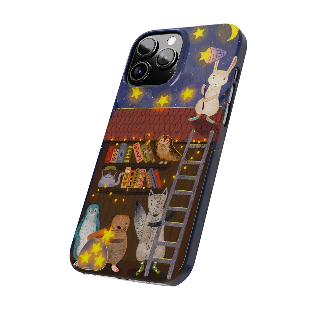 Starlit Library Phone Case, Woodland Animals iPhone Case, Cozy Night Scene Cover, Cute Animals Case Gift, iPhone 7 8 X XR 11 12 13 14 15 16