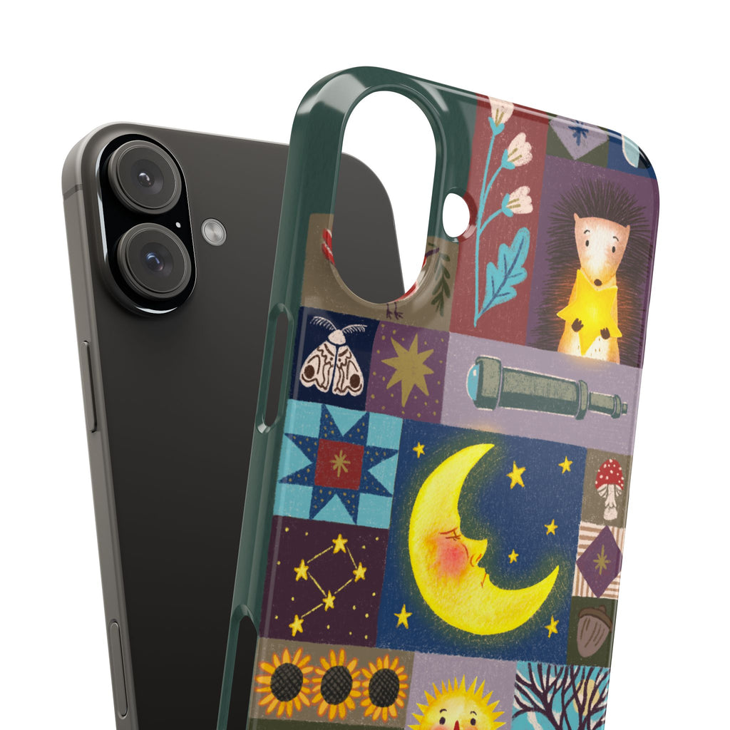 Celestial Quilt iPhone Case, Folk Art Moon Sun Fox Case, Nature Patchwork Cover, Cute Stellar Design, iPhone 7 8 X XR XS 11 12 13 14 15 16