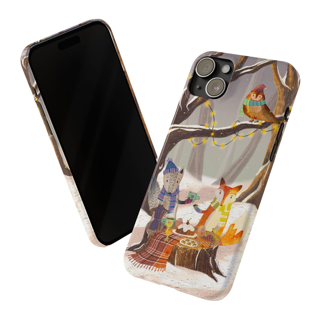Cozy Winter Animals Slim iPhone Case, Cute Fox & Owl Design, Winter Theme Holiday Gift, Cute Phone Cover Gift, iPhone 16 15 14 13 12 11 X XR