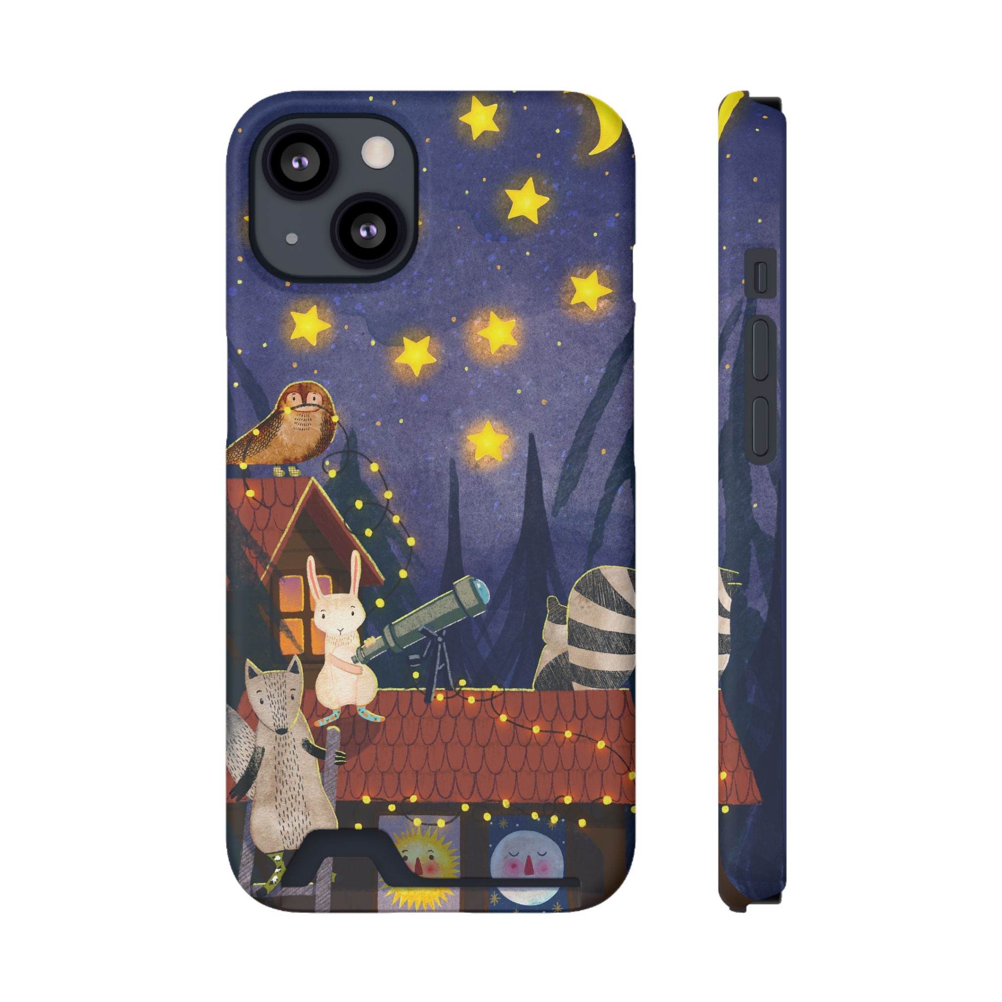 Stargazing Animals Phone Case With Card Holder - Cute Animal Design for Kids, Gift for Urban Explorers, Night Sky Vibes, Fun Accessory