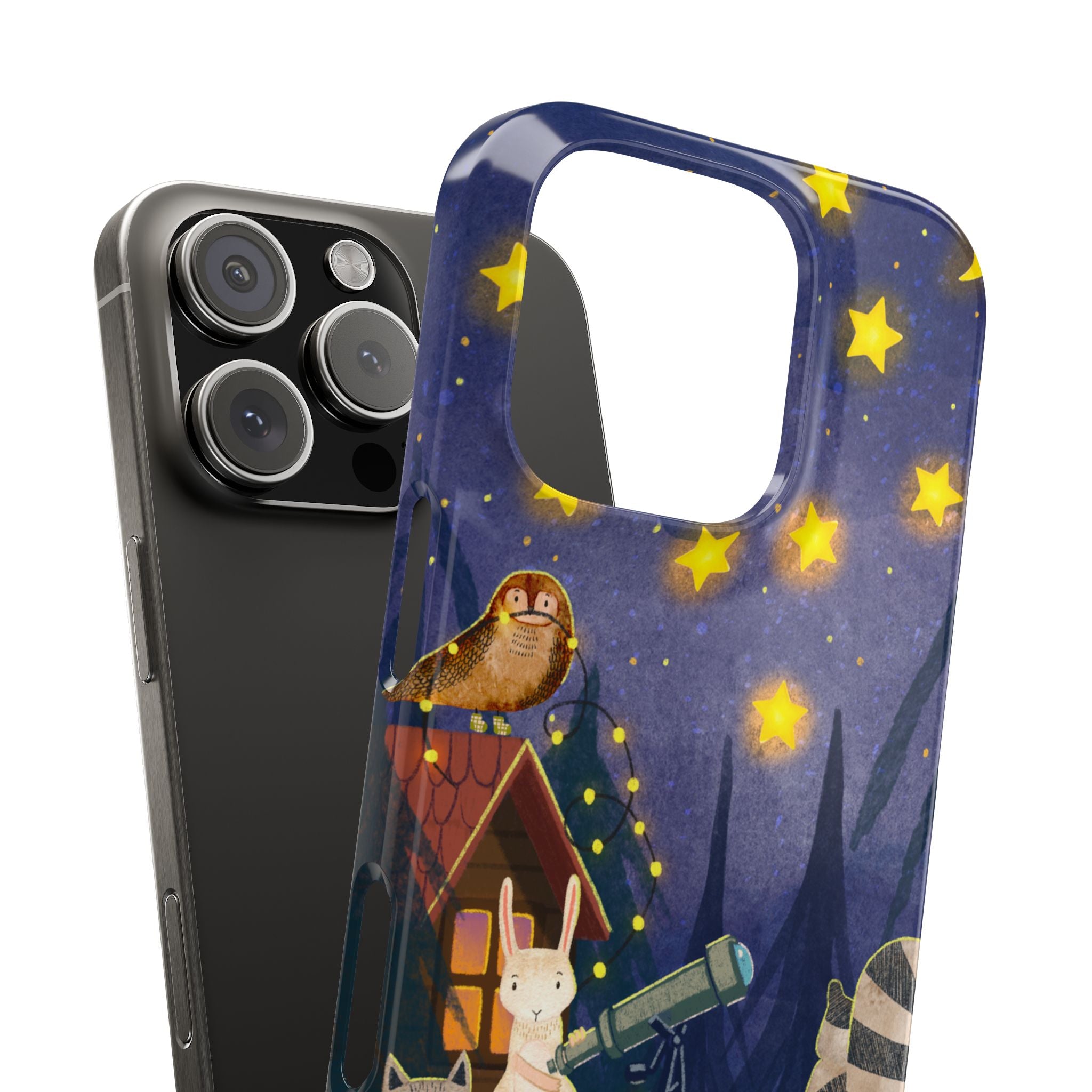 Stargazing Animals Slim iPhone Case, Night Sky Observatory Cover, Cute Forest Gift, Starry Night Gift, iPhone 16 15 14 13 12 11 X XR XS 8 7