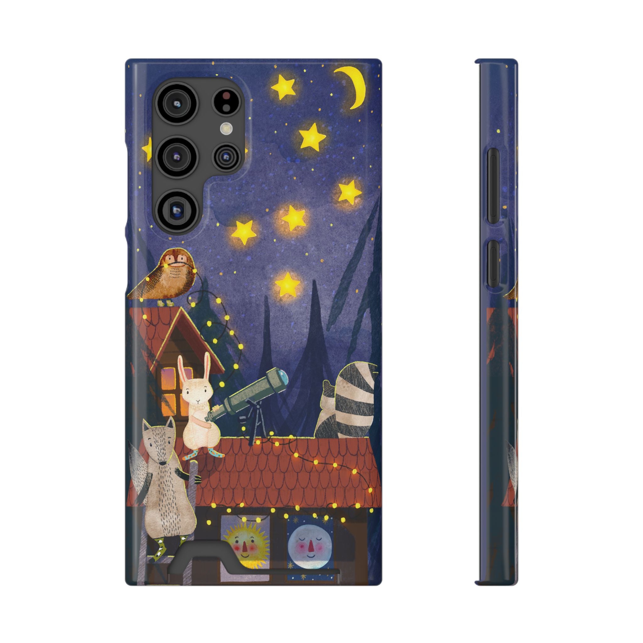 Stargazing Animals Phone Case With Card Holder - Cute Animal Design for Kids, Gift for Urban Explorers, Night Sky Vibes, Fun Accessory
