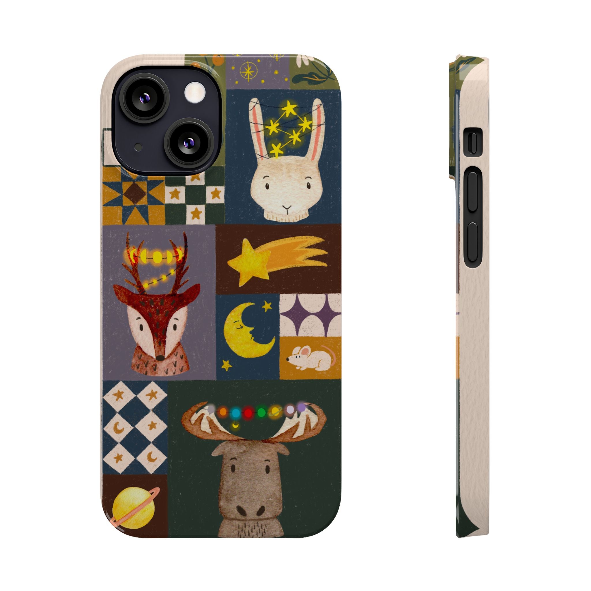 Holiday Night Sky Slim Case, Cute Forest Creatures iPhone Cover, Bunny Deer Moose, iPhone 7 8 X XR XS 11 12 13 14 15 16