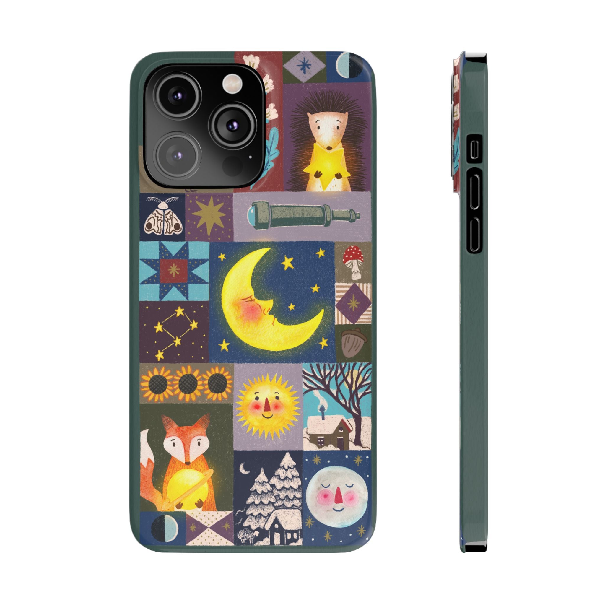 Celestial Quilt iPhone Case, Folk Art Moon Sun Fox Case, Nature Patchwork Cover, Cute Stellar Design, iPhone 7 8 X XR XS 11 12 13 14 15 16