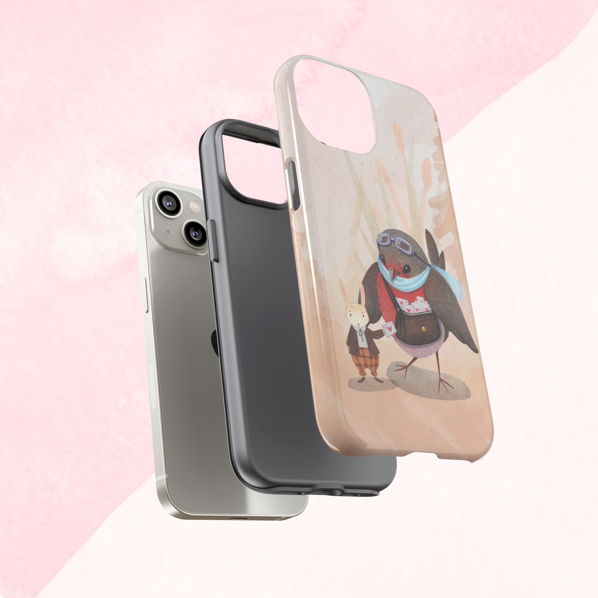Whimsical Animal Phone Case, Cute Bird and Rabbit Design, Animal Lovers Gift, Nature-Themed Accessory, Eco-Friendly Tech Cover