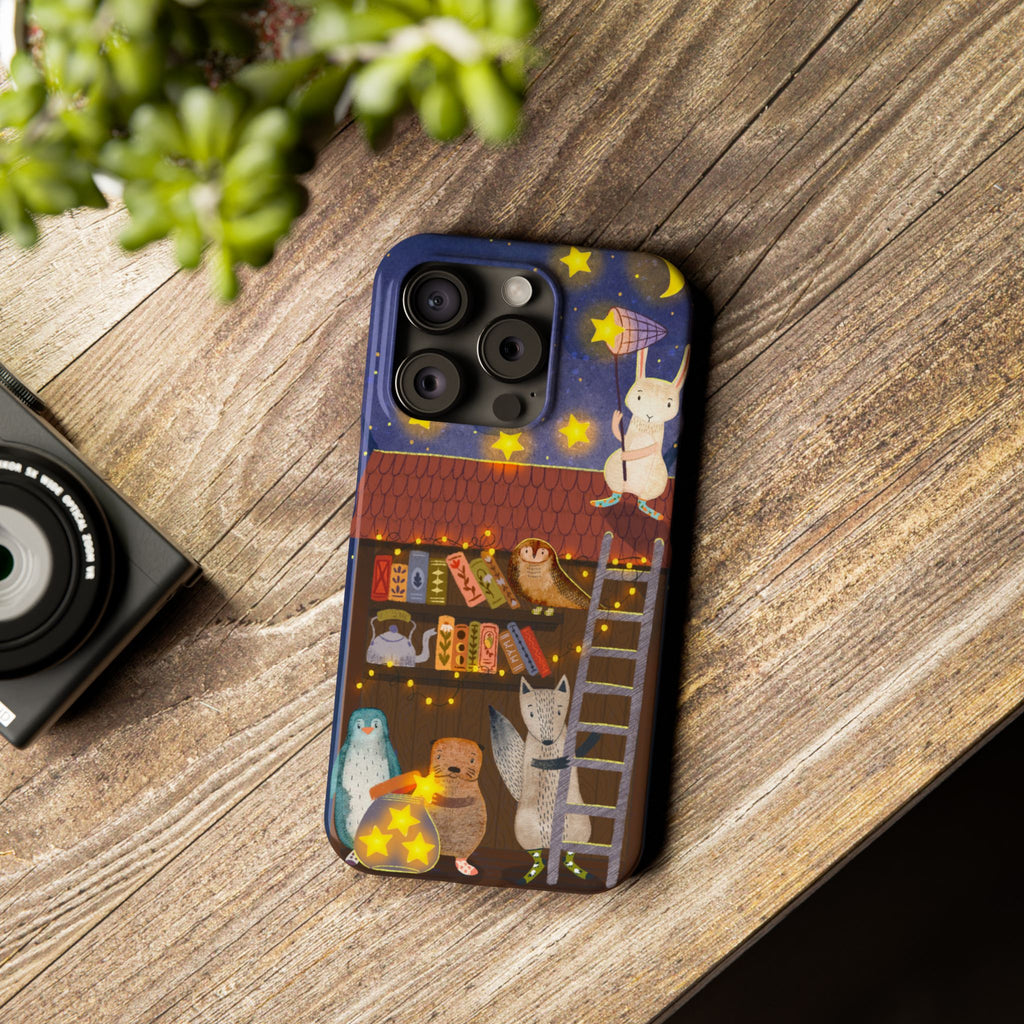 Starlit Library Phone Case, Woodland Animals iPhone Case, Cozy Night Scene Cover, Cute Animals Case Gift, iPhone 7 8 X XR 11 12 13 14 15 16