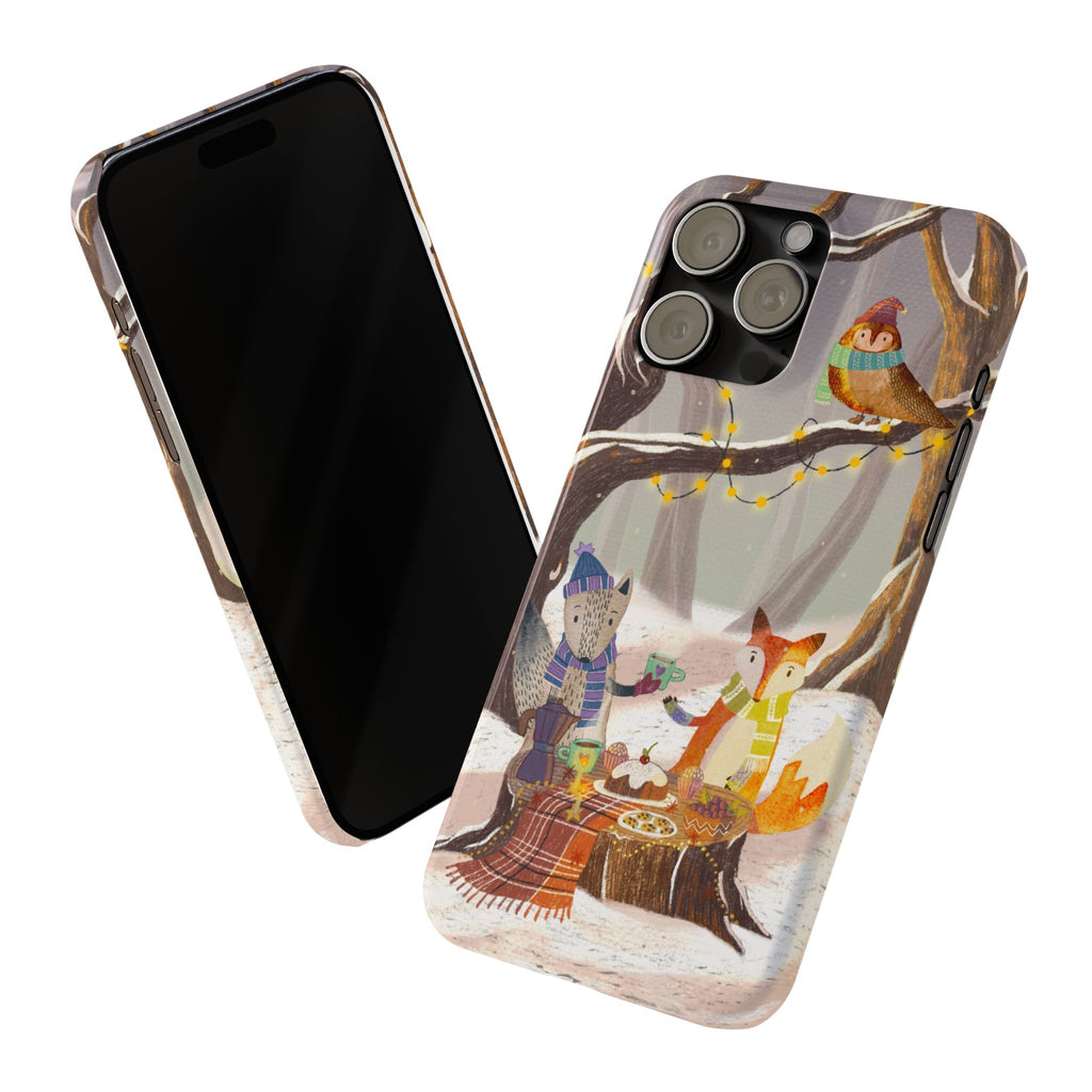 Cozy Winter Animals Slim iPhone Case, Cute Fox & Owl Design, Winter Theme Holiday Gift, Cute Phone Cover Gift, iPhone 16 15 14 13 12 11 X XR