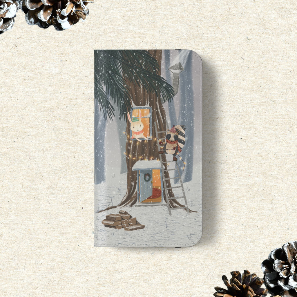 Winter Forest Friends Wallet Case, Woodland Flip Cover, Vegan Leather, Snowy Scene, Cozy Holiday, iPhone 11 12 13 14 15 16, Galaxy S21 S22