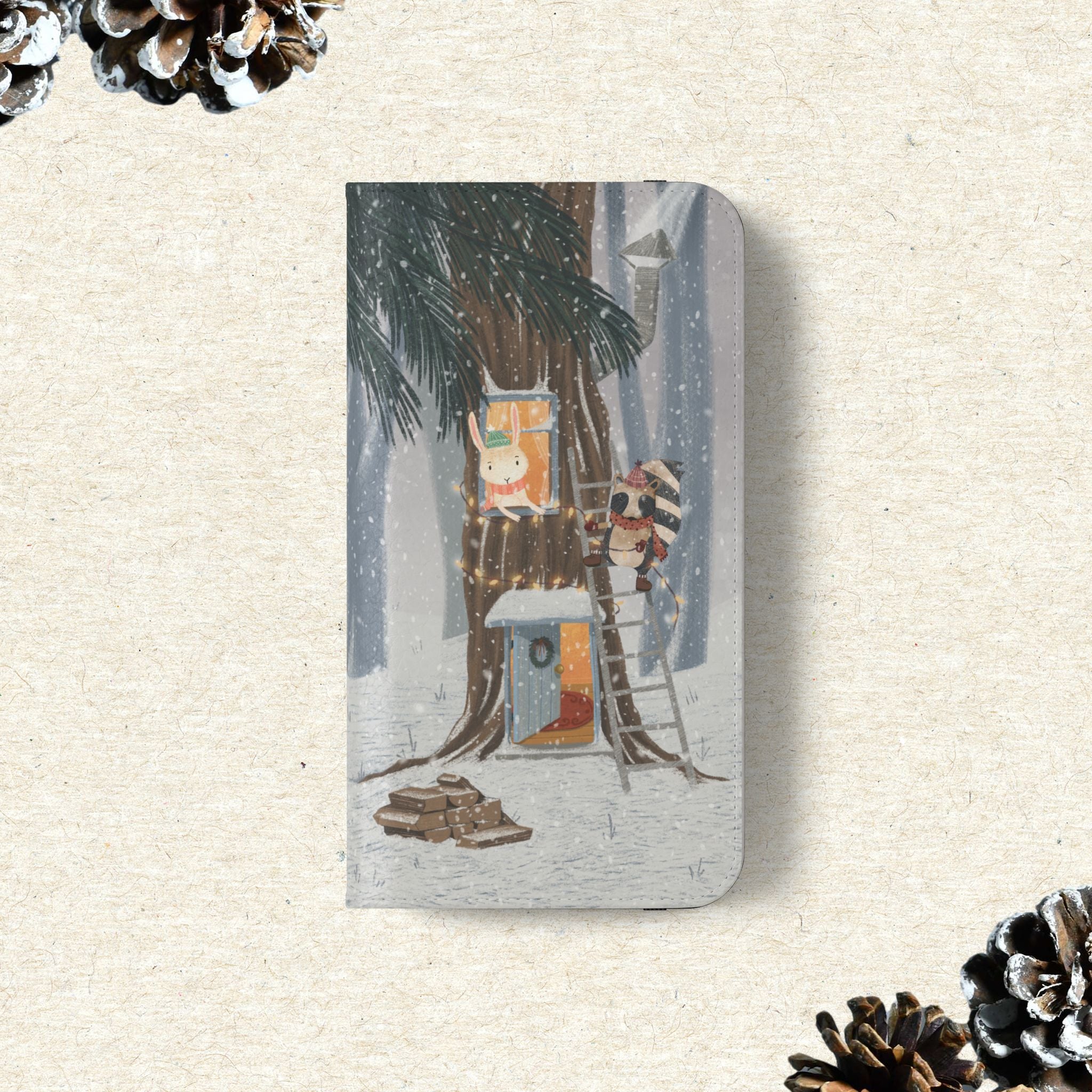 Winter Forest Friends Wallet Case, Woodland Flip Cover, Vegan Leather, Snowy Scene, Cozy Holiday, iPhone 11 12 13 14 15 16, Galaxy S21 S22