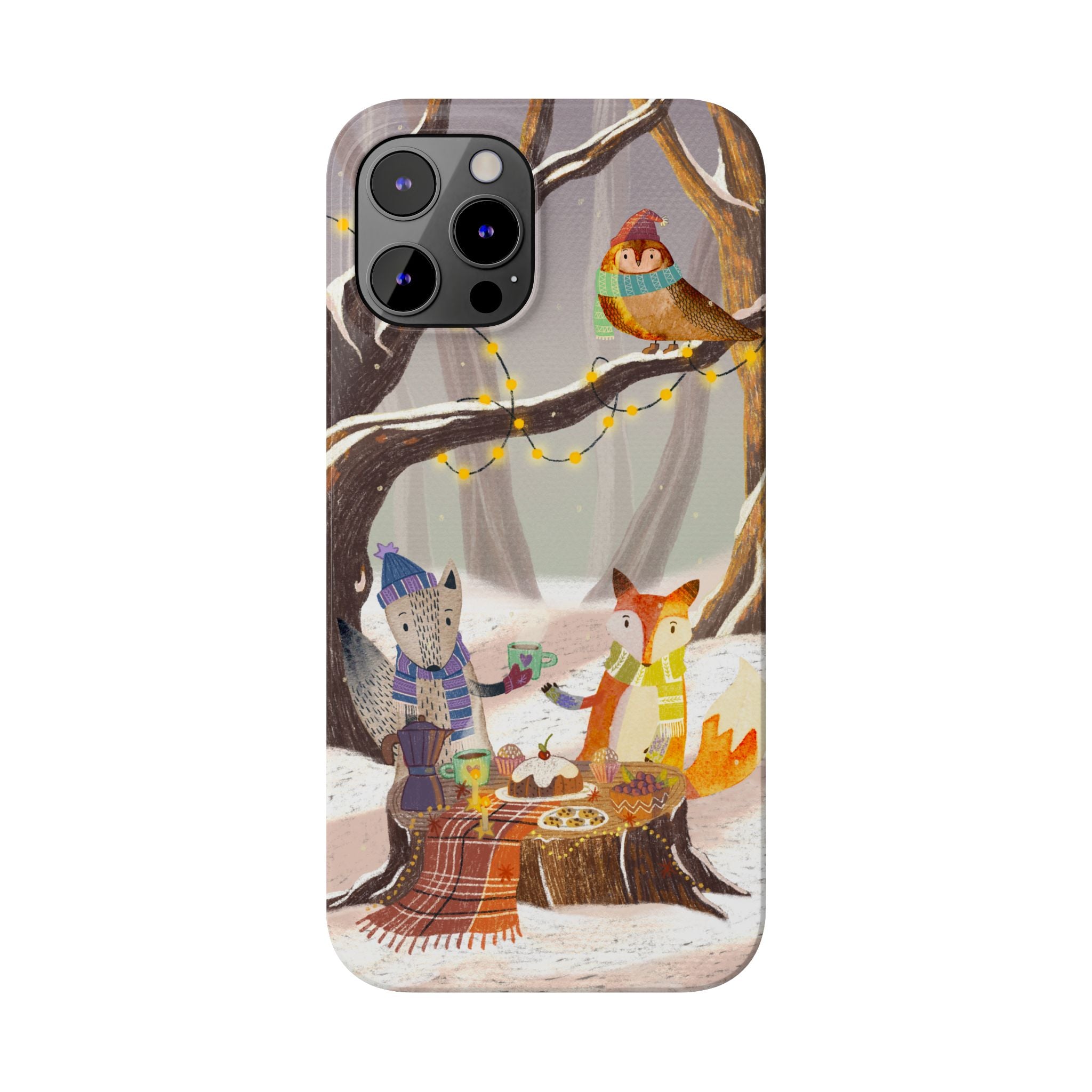 Cozy Winter Animals Slim iPhone Case, Cute Fox & Owl Design, Winter Theme Holiday Gift, Cute Phone Cover Gift, iPhone 16 15 14 13 12 11 X XR