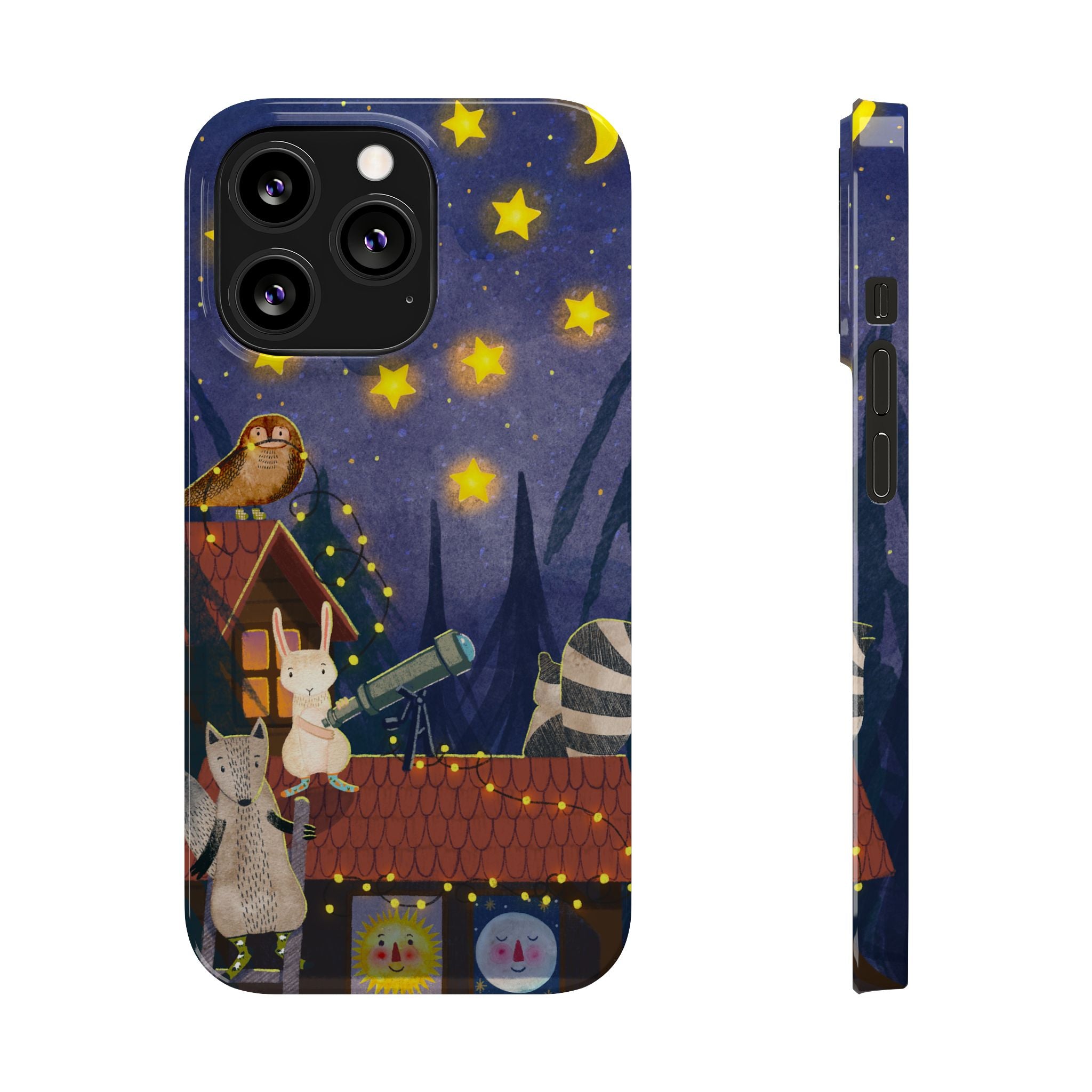 Stargazing Animals Slim iPhone Case, Night Sky Observatory Cover, Cute Forest Gift, Starry Night Gift, iPhone 16 15 14 13 12 11 X XR XS 8 7