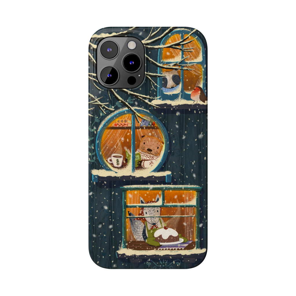 Cute Winter Animals Cozy Home iPhone Case, Woodland Cottage Cover, Treehouse at Night, Raccoon Bear Fox, iPhone 16 15 14 13 12 11 X XR 8 7