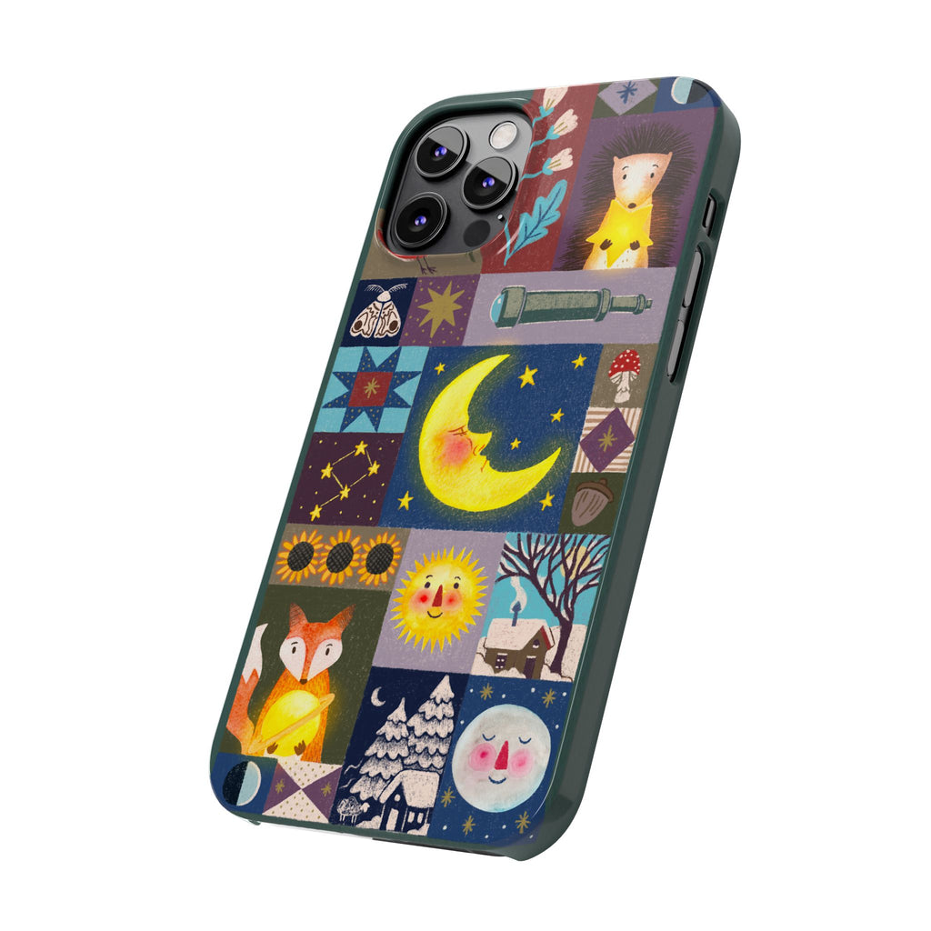 Celestial Quilt iPhone Case, Folk Art Moon Sun Fox Case, Nature Patchwork Cover, Cute Stellar Design, iPhone 7 8 X XR XS 11 12 13 14 15 16