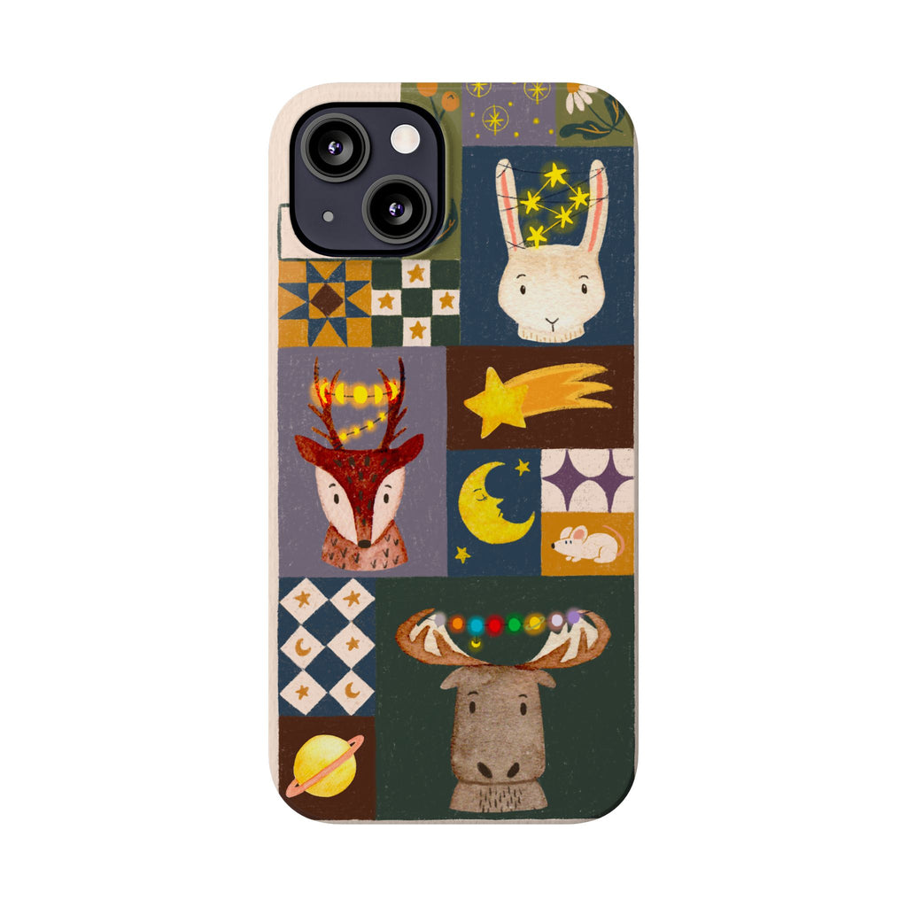 Holiday Night Sky Slim Case, Cute Forest Creatures iPhone Cover, Bunny Deer Moose, iPhone 7 8 X XR XS 11 12 13 14 15 16