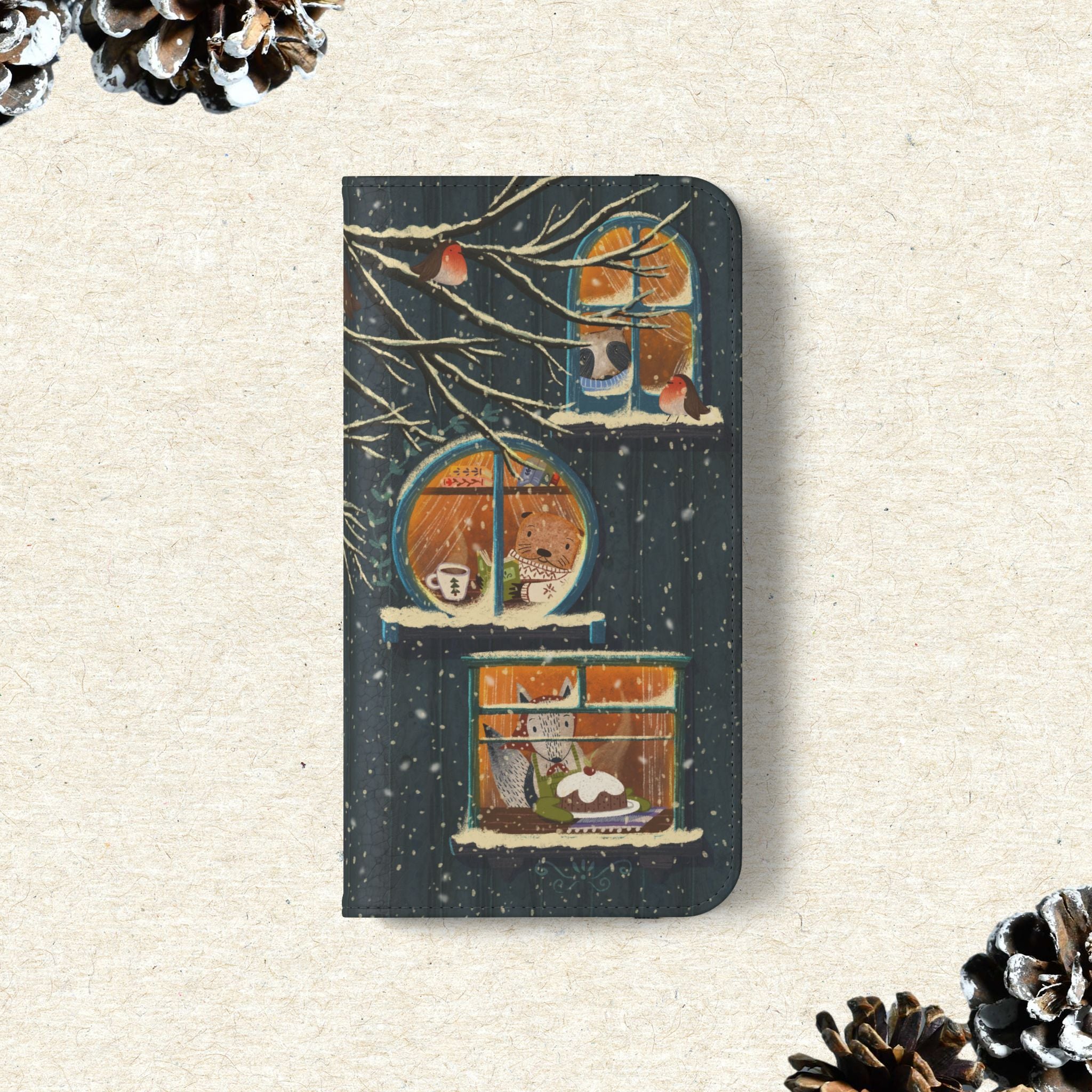 Cozy Winter Cottage Wallet Case, Cute Animals Flip Cover, Vegan Leather, Cozy Vibes, Gift Idea for iPhone 11 12 13 14 15 16, Galaxy S21 S22