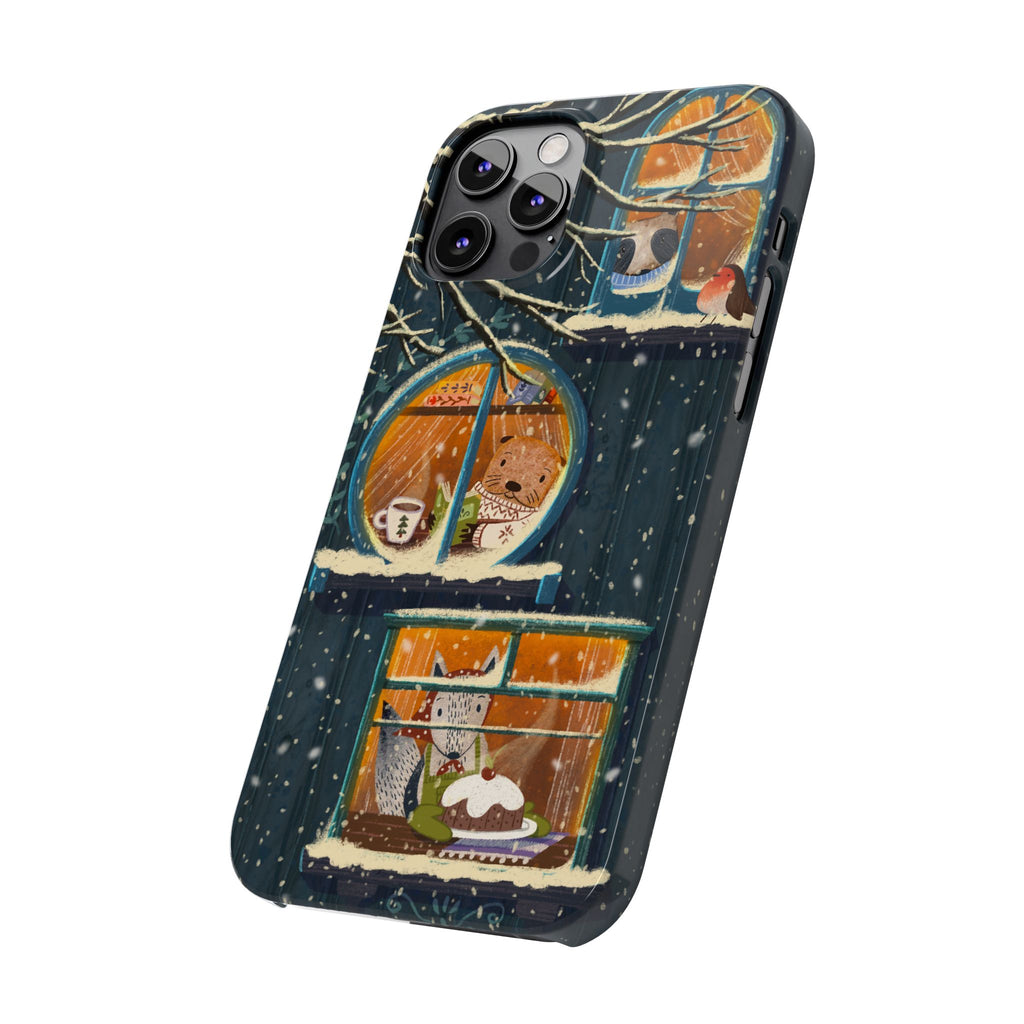 Cute Winter Animals Cozy Home iPhone Case, Woodland Cottage Cover, Treehouse at Night, Raccoon Bear Fox, iPhone 16 15 14 13 12 11 X XR 8 7