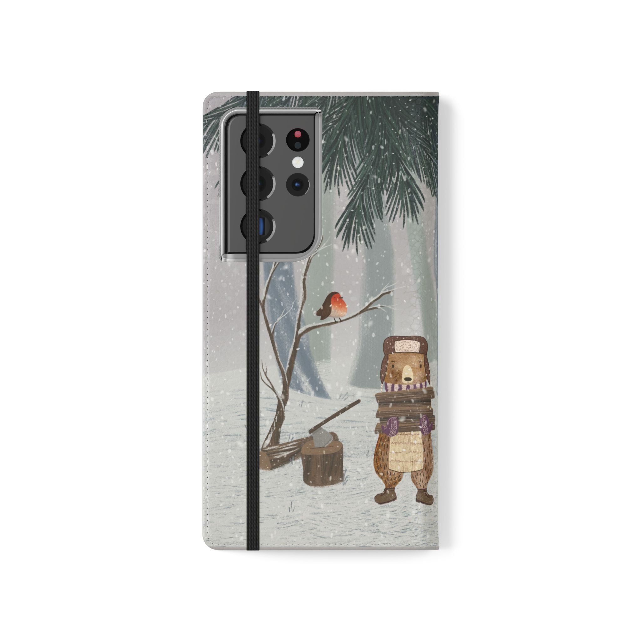 Winter Forest Friends Wallet Case, Woodland Flip Cover, Vegan Leather, Snowy Scene, Cozy Holiday, iPhone 11 12 13 14 15 16, Galaxy S21 S22