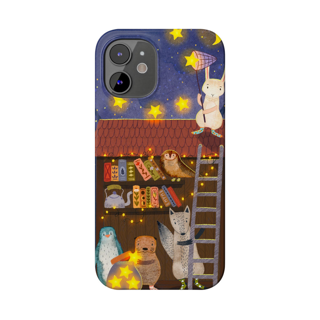 Starlit Library Phone Case, Woodland Animals iPhone Case, Cozy Night Scene Cover, Cute Animals Case Gift, iPhone 7 8 X XR 11 12 13 14 15 16