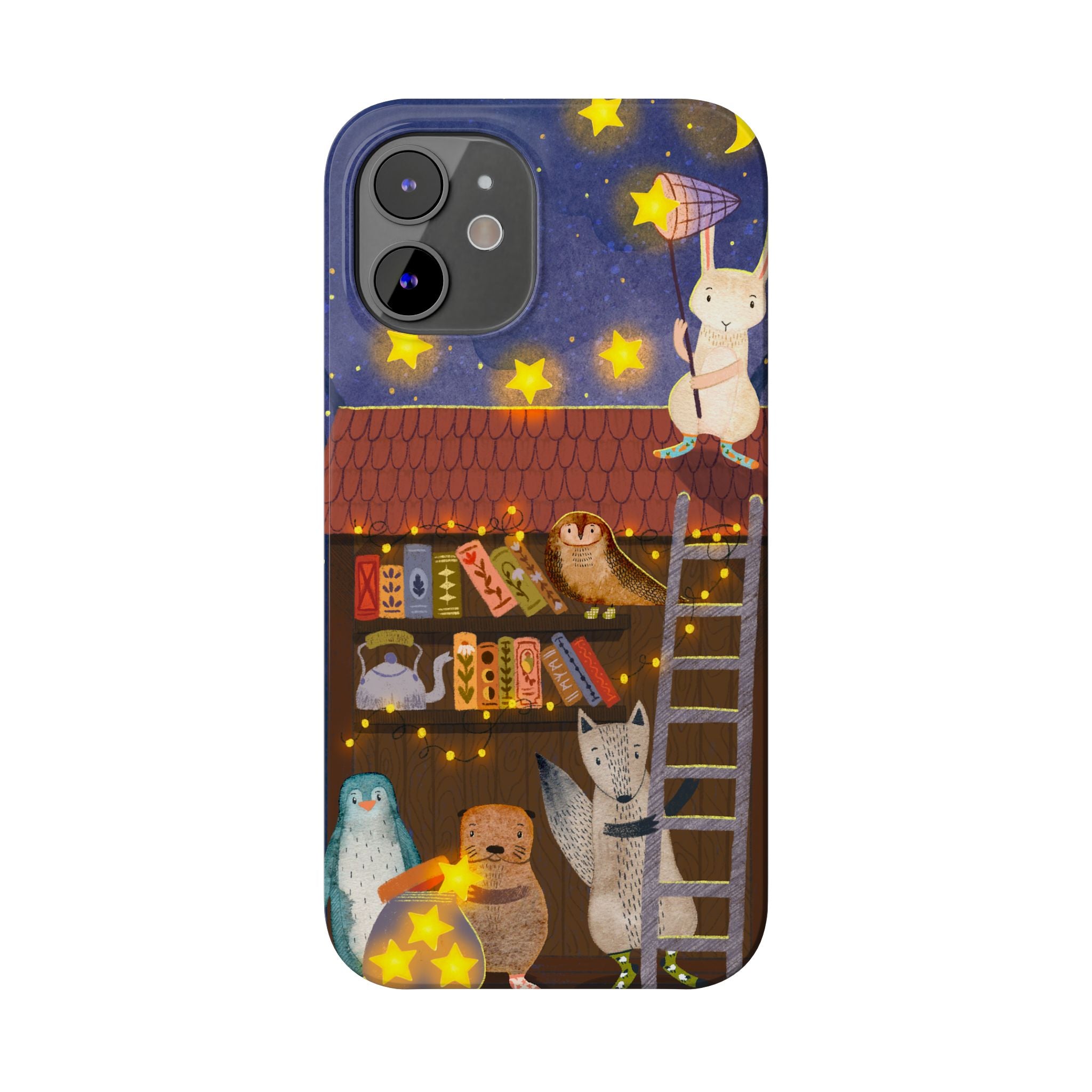 Starlit Library Phone Case, Woodland Animals iPhone Case, Cozy Night Scene Cover, Cute Animals Case Gift, iPhone 7 8 X XR 11 12 13 14 15 16