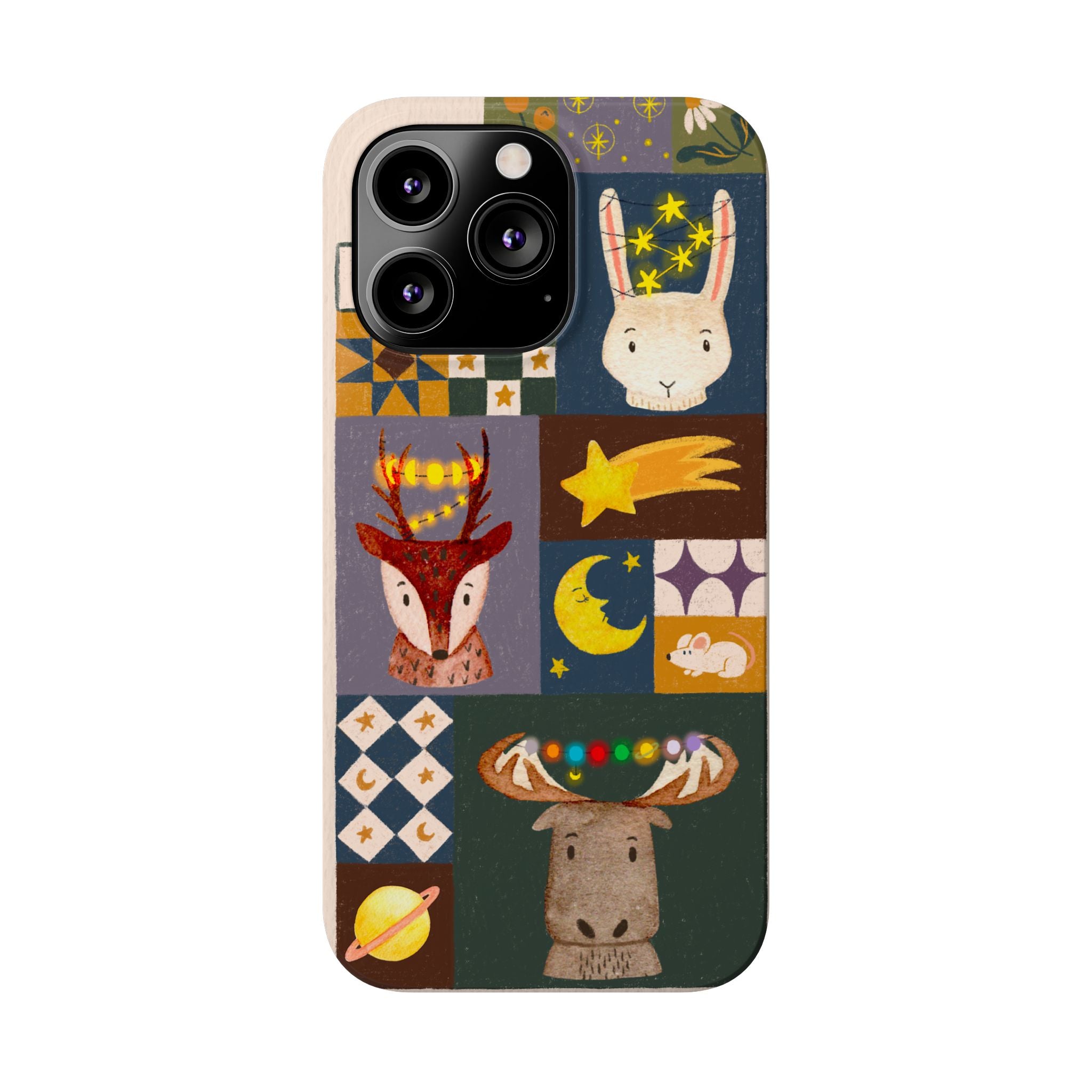 Holiday Night Sky Slim Case, Cute Forest Creatures iPhone Cover, Bunny Deer Moose, iPhone 7 8 X XR XS 11 12 13 14 15 16