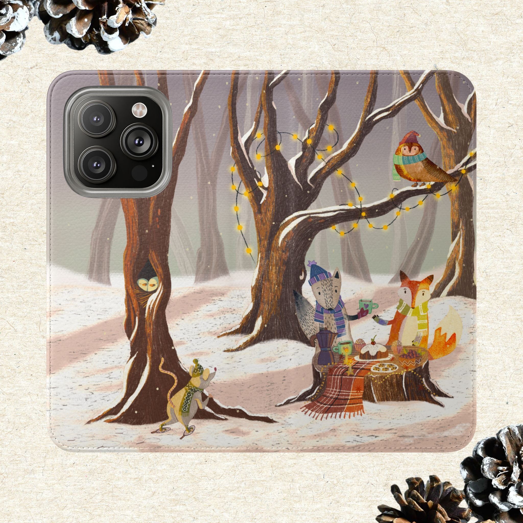 Winter Forest Tea Party Wallet Case, Woodland Animals Phone Flip Cover, Vegan Leather Case, iPhone 11 12 13 14 15 16, Galaxy Ultra S21 S22