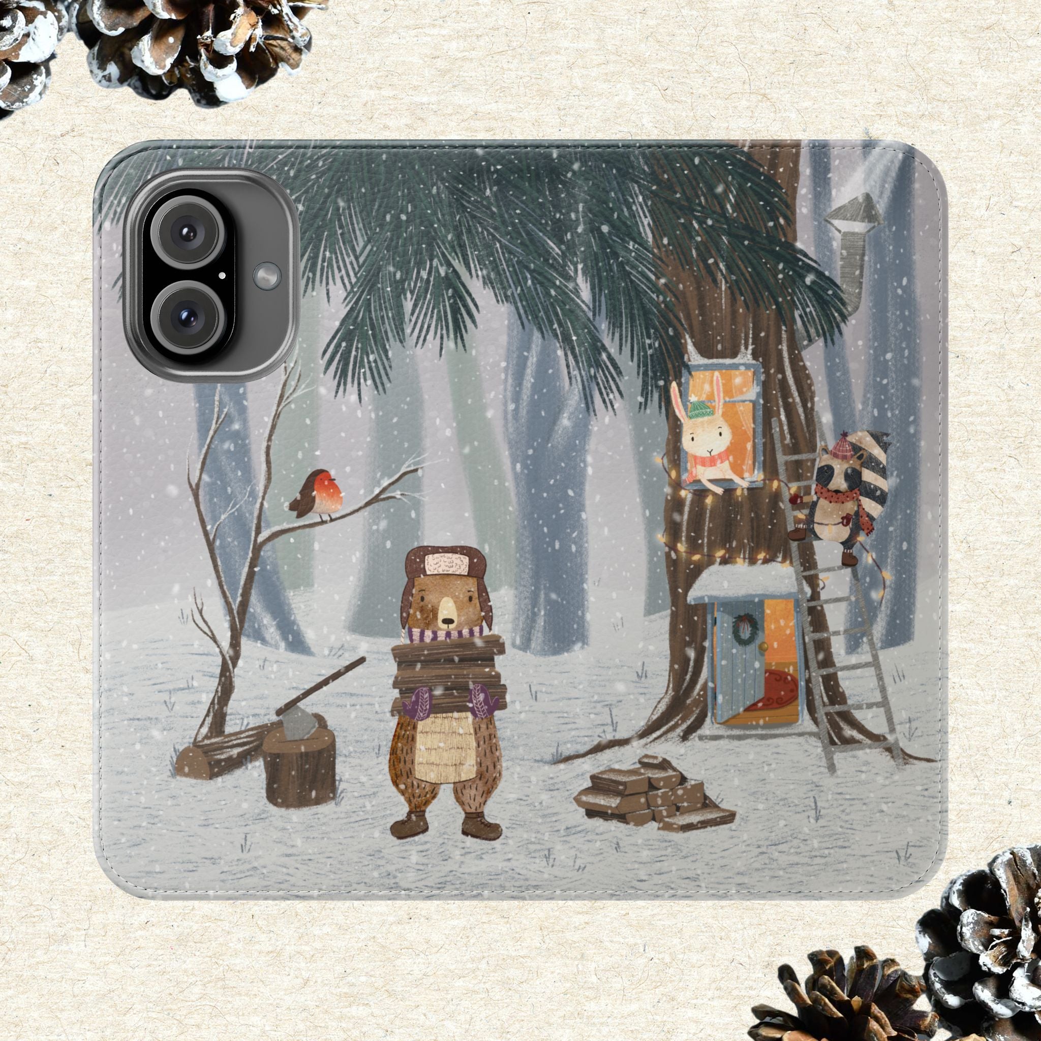 Winter Forest Friends Wallet Case, Woodland Flip Cover, Vegan Leather, Snowy Scene, Cozy Holiday, iPhone 11 12 13 14 15 16, Galaxy S21 S22
