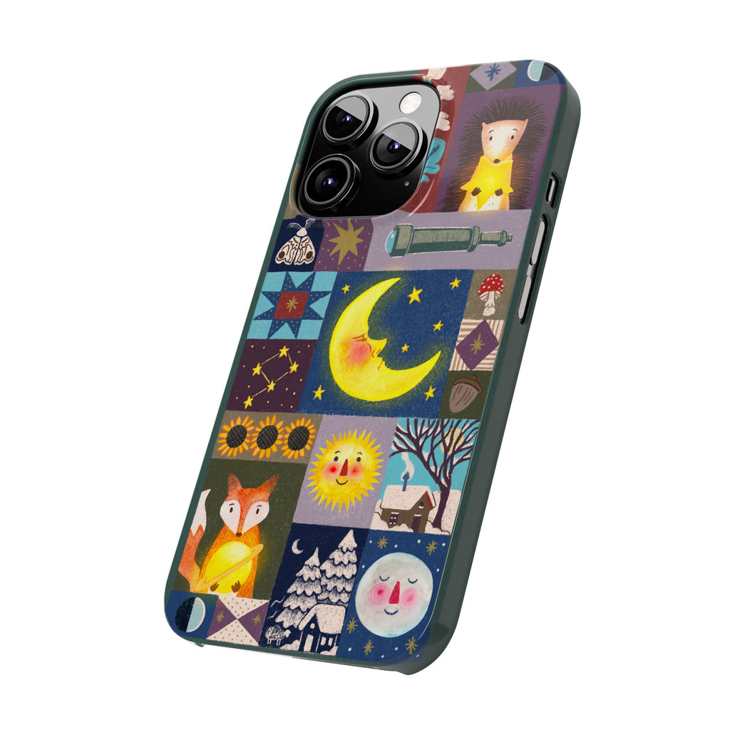 Celestial Quilt iPhone Case, Folk Art Moon Sun Fox Case, Nature Patchwork Cover, Cute Stellar Design, iPhone 7 8 X XR XS 11 12 13 14 15 16
