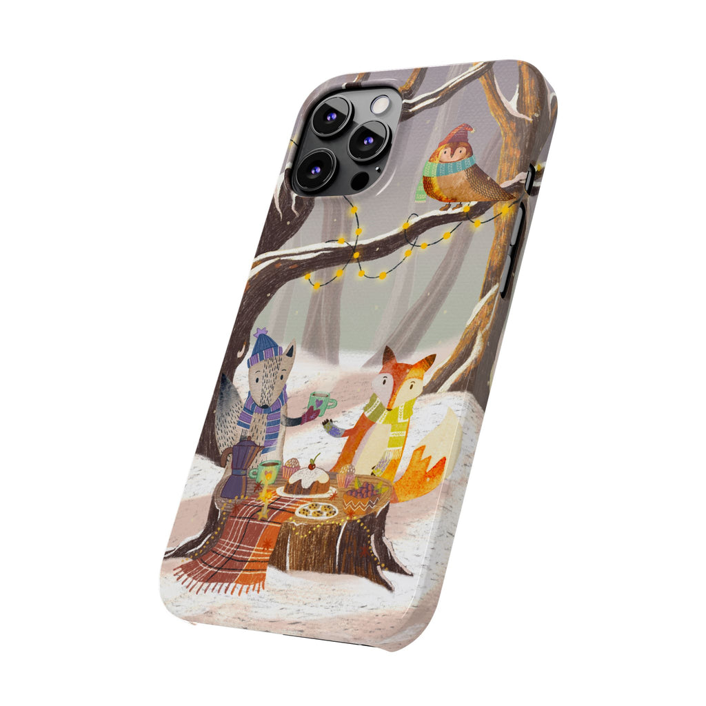 Cozy Winter Animals Slim iPhone Case, Cute Fox & Owl Design, Winter Theme Holiday Gift, Cute Phone Cover Gift, iPhone 16 15 14 13 12 11 X XR