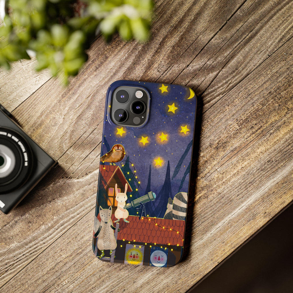 Stargazing Animals Slim iPhone Case, Night Sky Observatory Cover, Cute Forest Gift, Starry Night Gift, iPhone 16 15 14 13 12 11 X XR XS 8 7
