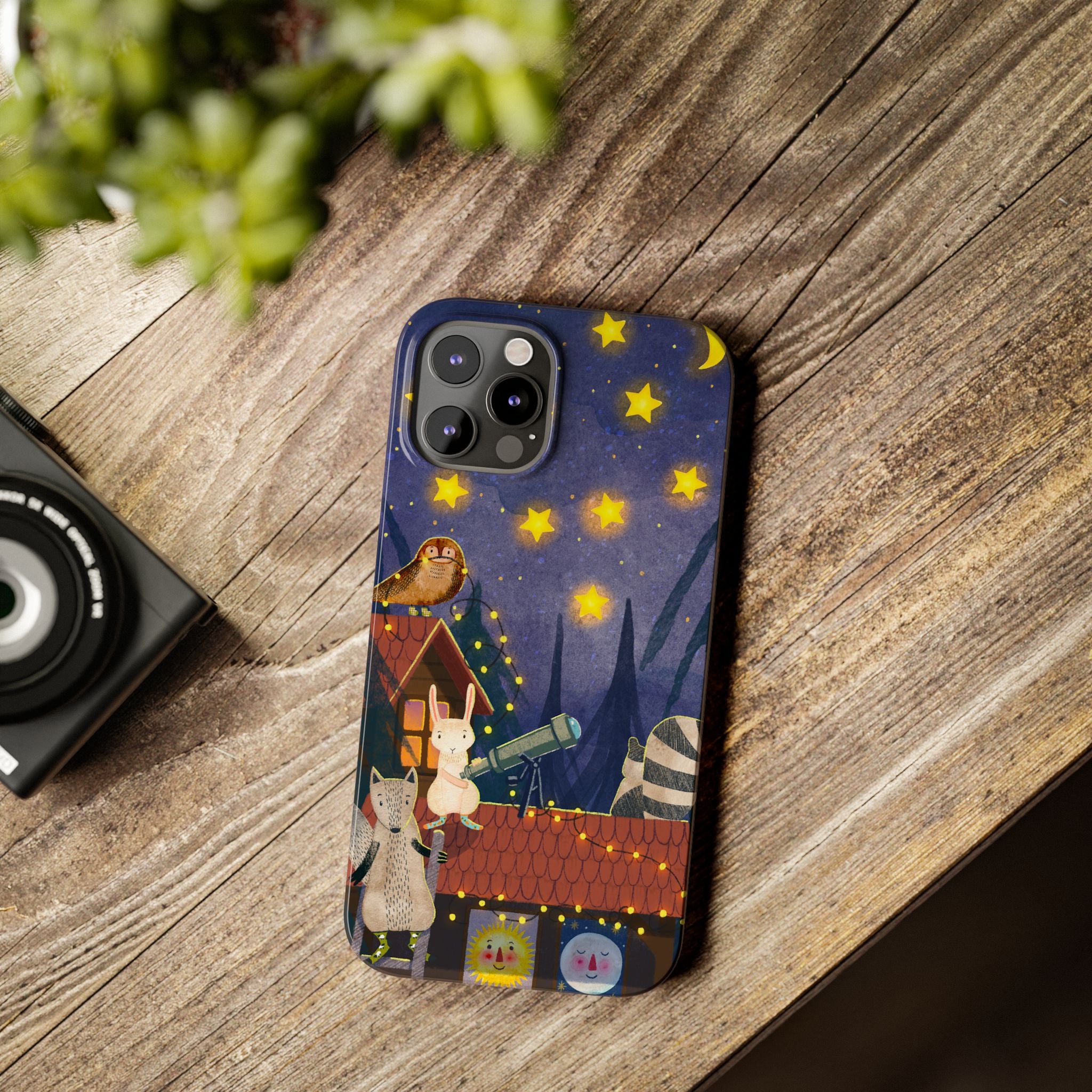 Stargazing Animals Slim iPhone Case, Night Sky Observatory Cover, Cute Forest Gift, Starry Night Gift, iPhone 16 15 14 13 12 11 X XR XS 8 7