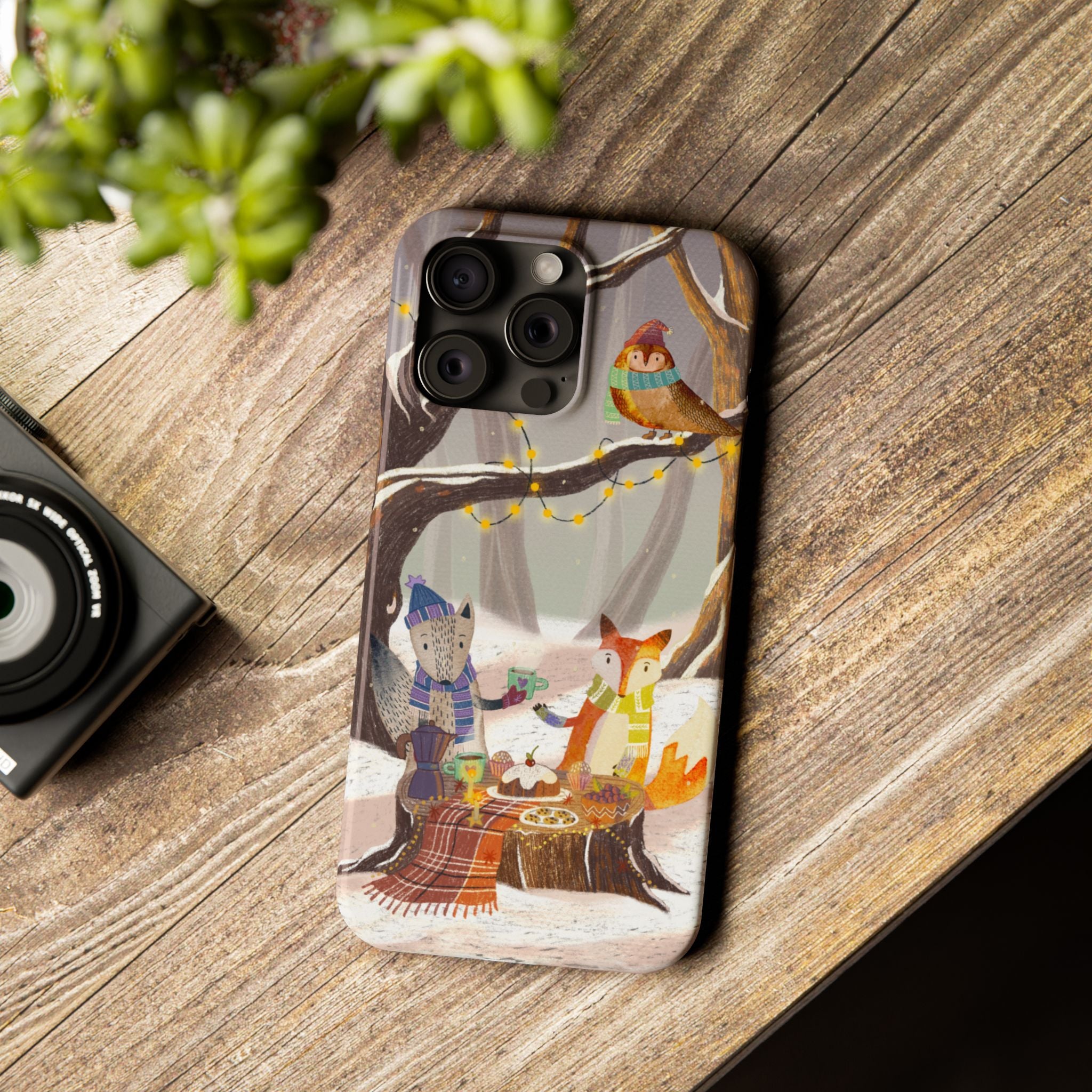Cozy Winter Animals Slim iPhone Case, Cute Fox & Owl Design, Winter Theme Holiday Gift, Cute Phone Cover Gift, iPhone 16 15 14 13 12 11 X XR