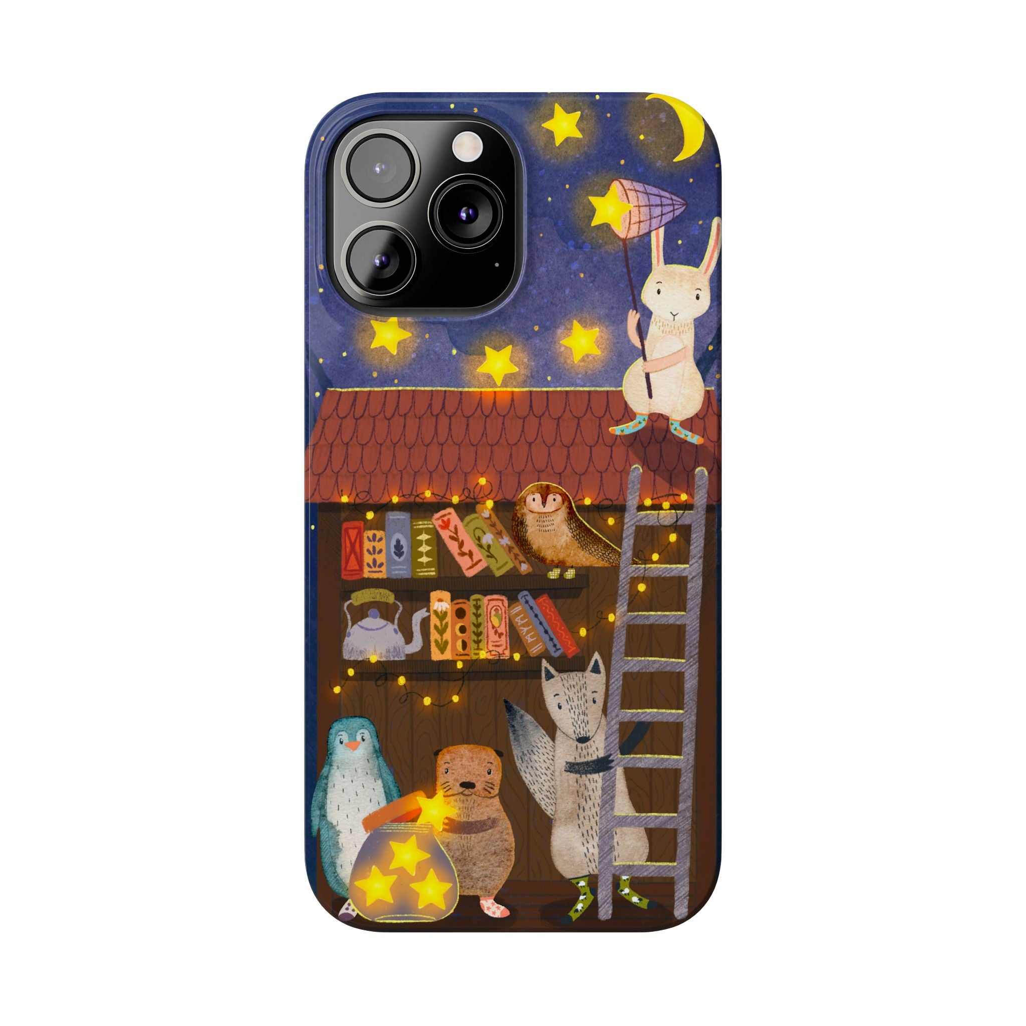 Starlit Library Phone Case, Woodland Animals iPhone Case, Cozy Night Scene Cover, Cute Animals Case Gift, iPhone 7 8 X XR 11 12 13 14 15 16