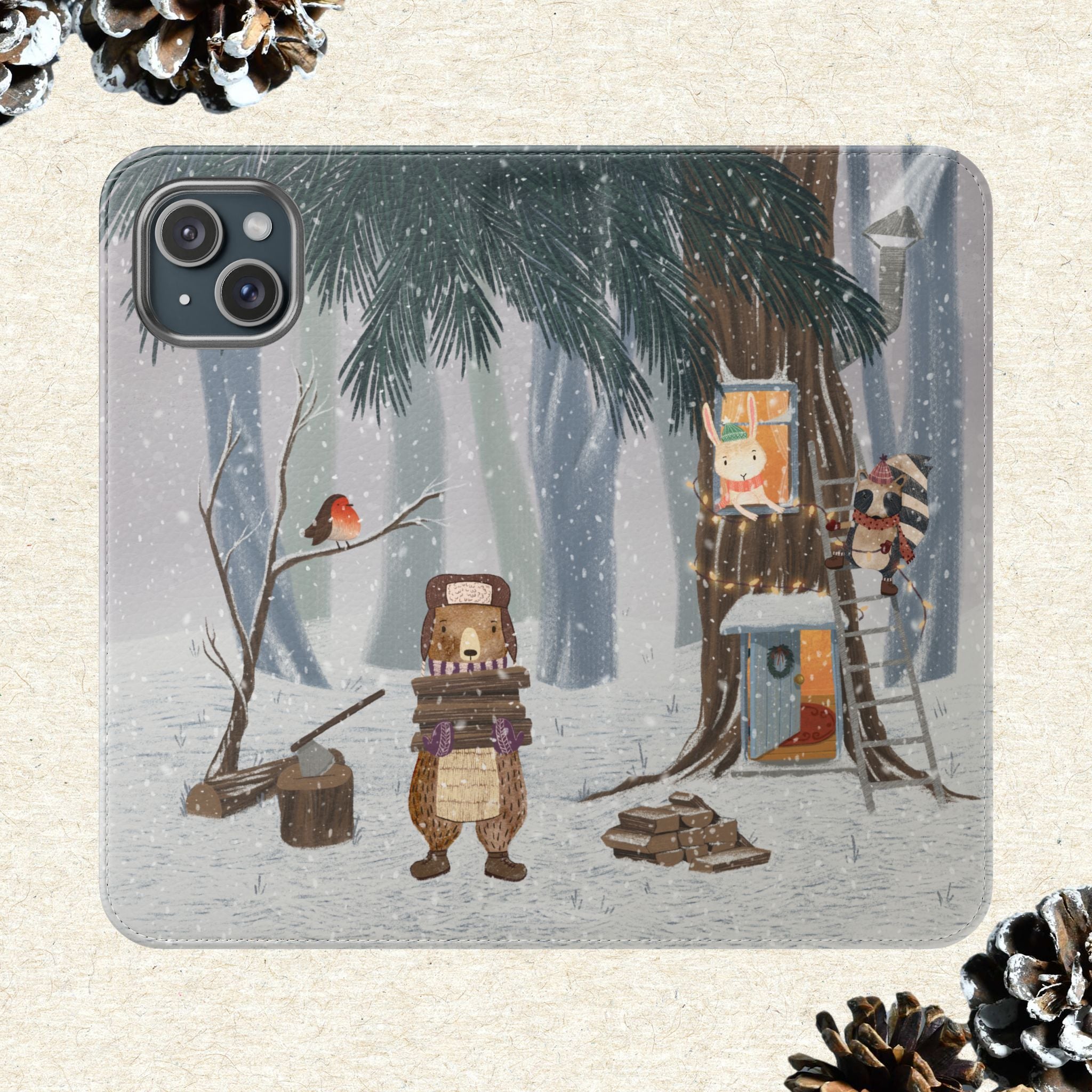 Winter Forest Friends Wallet Case, Woodland Flip Cover, Vegan Leather, Snowy Scene, Cozy Holiday, iPhone 11 12 13 14 15 16, Galaxy S21 S22