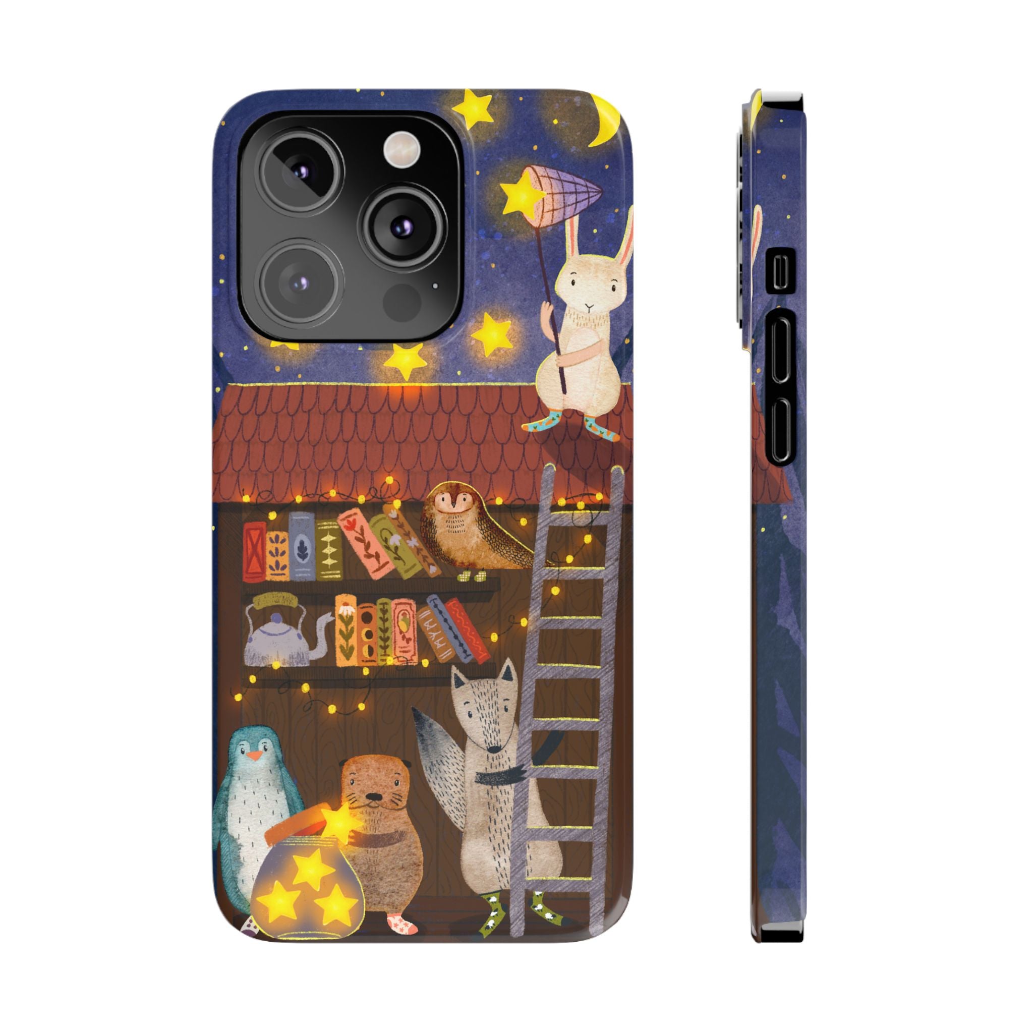 Starlit Library Phone Case, Woodland Animals iPhone Case, Cozy Night Scene Cover, Cute Animals Case Gift, iPhone 7 8 X XR 11 12 13 14 15 16