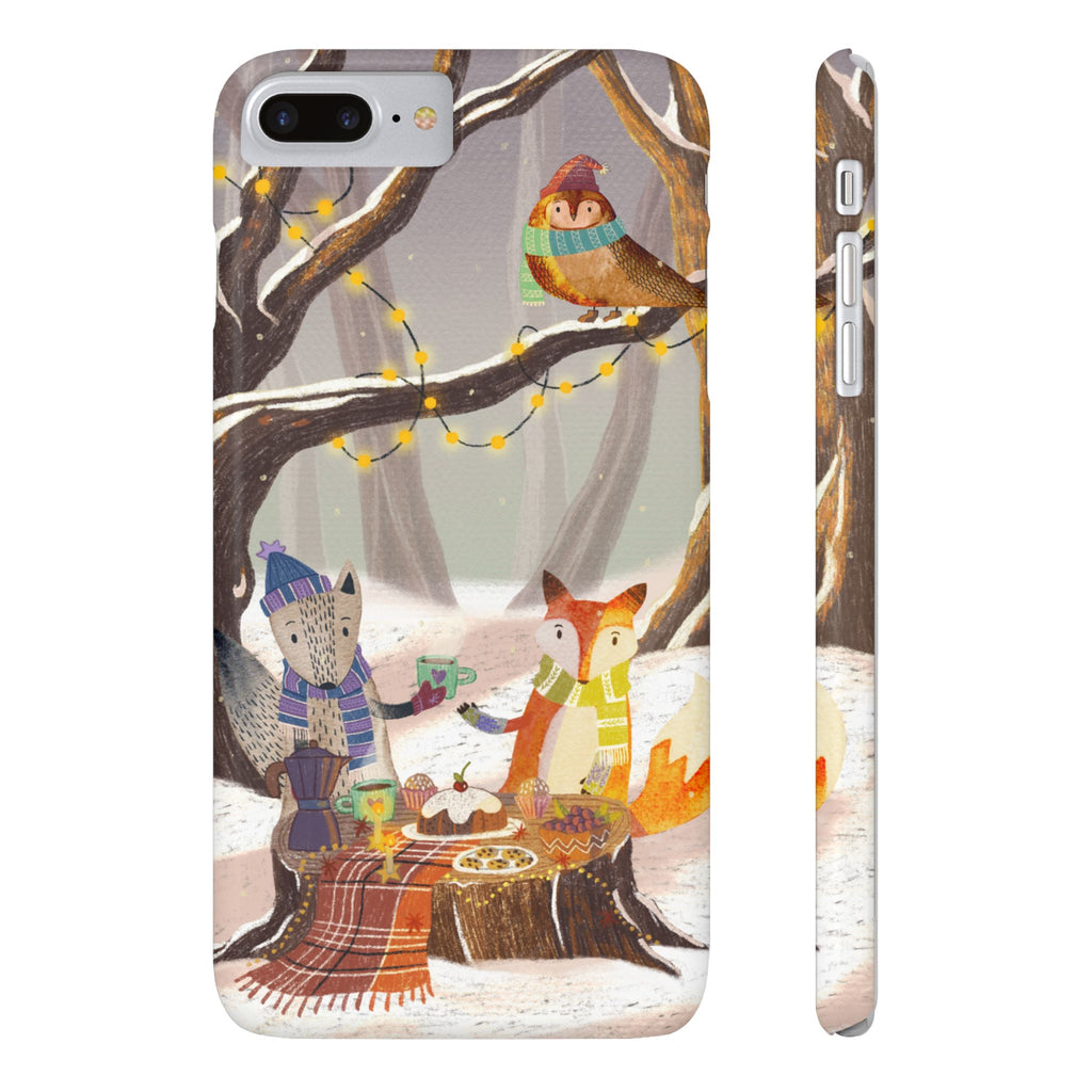 Cozy Winter Animals Slim iPhone Case, Cute Fox & Owl Design, Winter Theme Holiday Gift, Cute Phone Cover Gift, iPhone 16 15 14 13 12 11 X XR